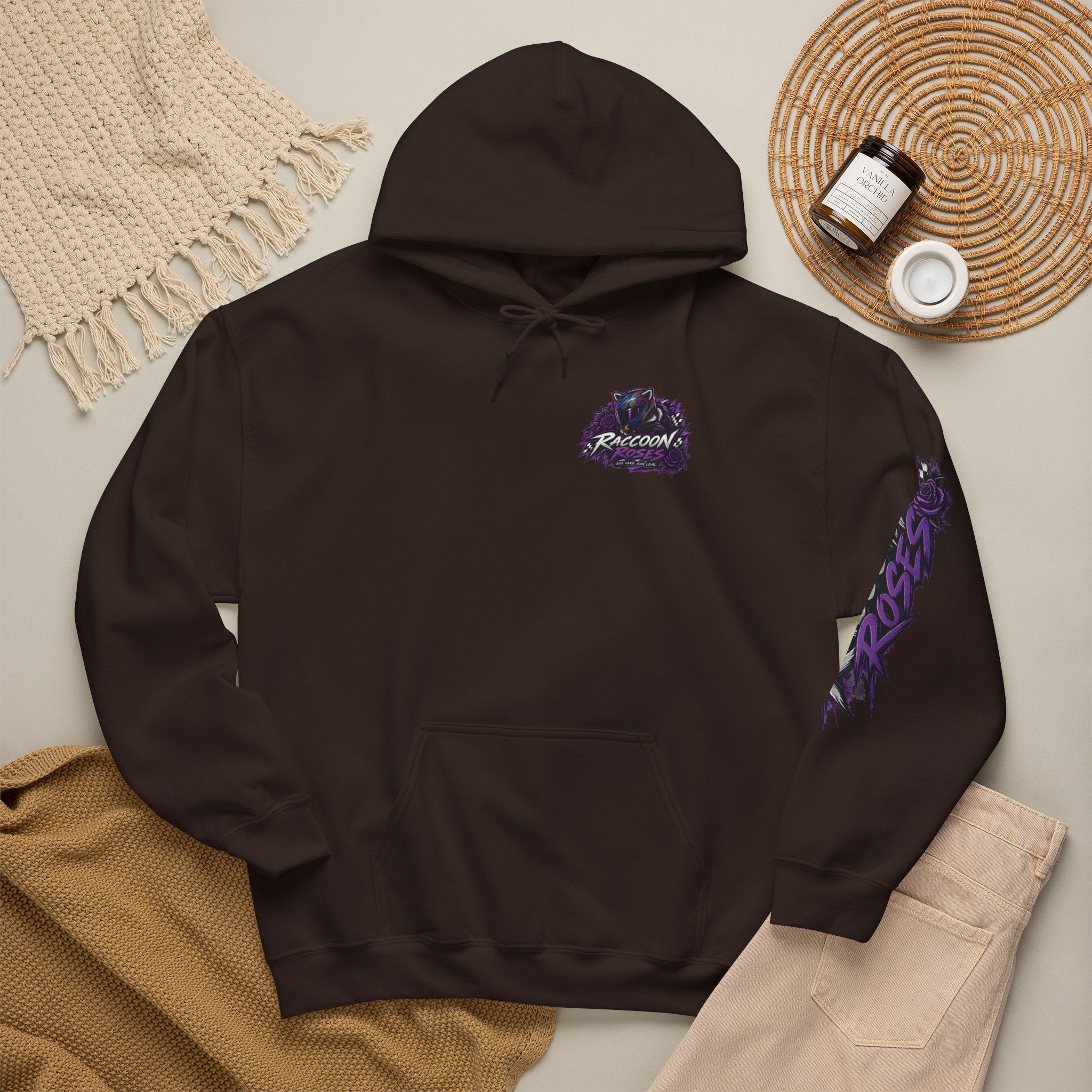 Raccoon Roadsters Motorcycle Graphic Hoodie — Retro Purple Rider Sweatshirt