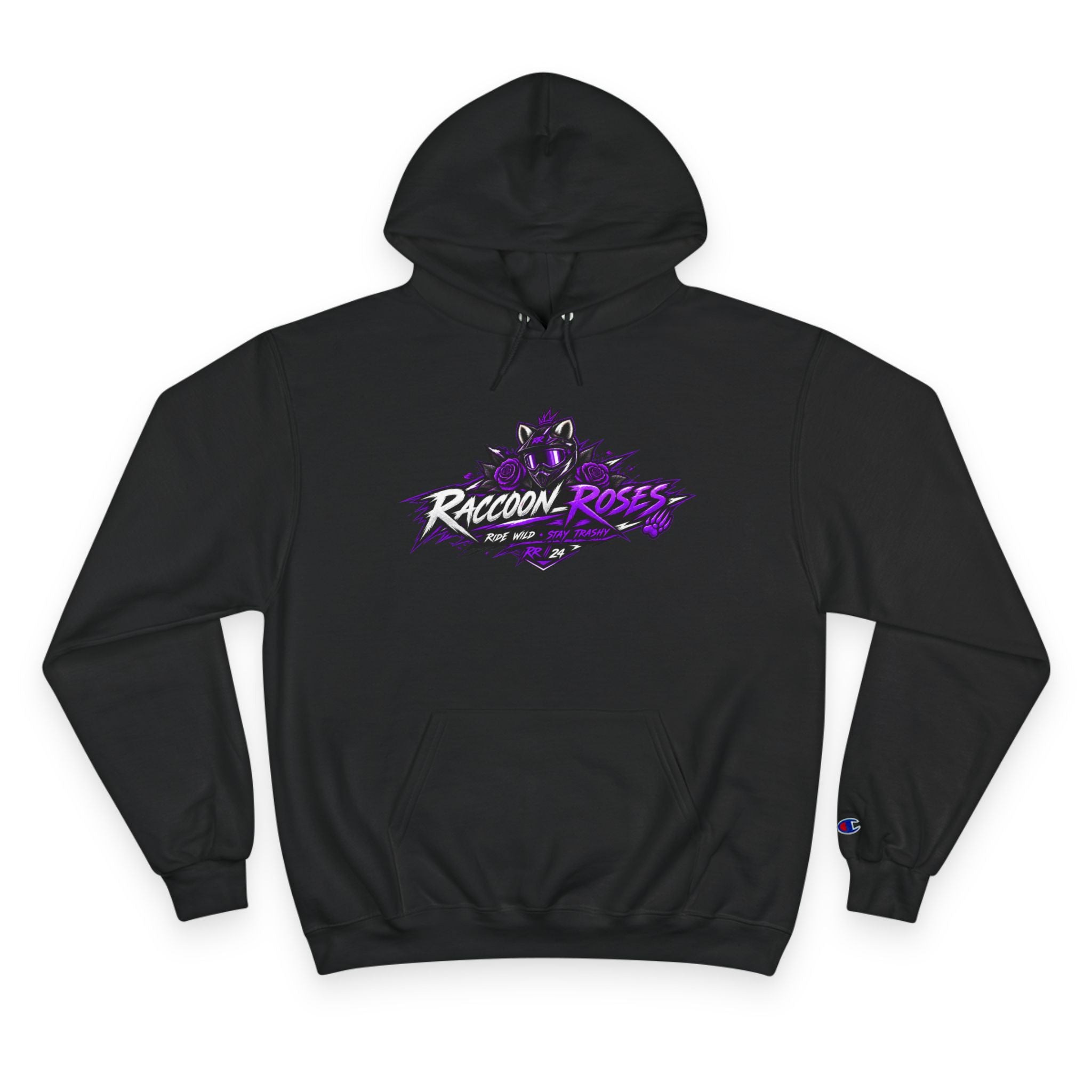 Raccoon Roses Hoodie — Bold Purple Graphic Streetwear Champion Hoodie