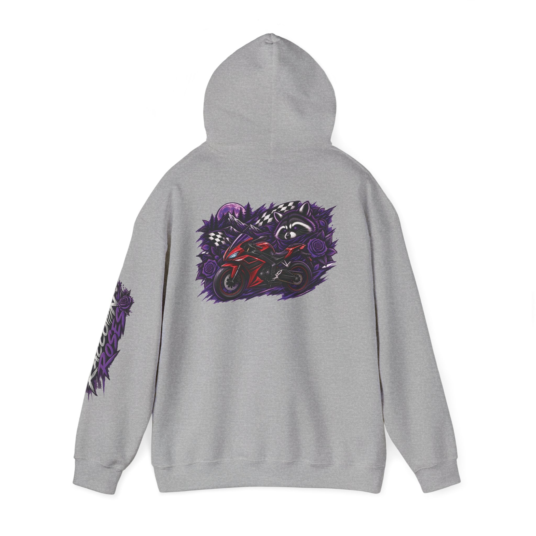 Raccoon Roadsters Motorcycle Graphic Hoodie — Retro Purple Rider Sweatshirt