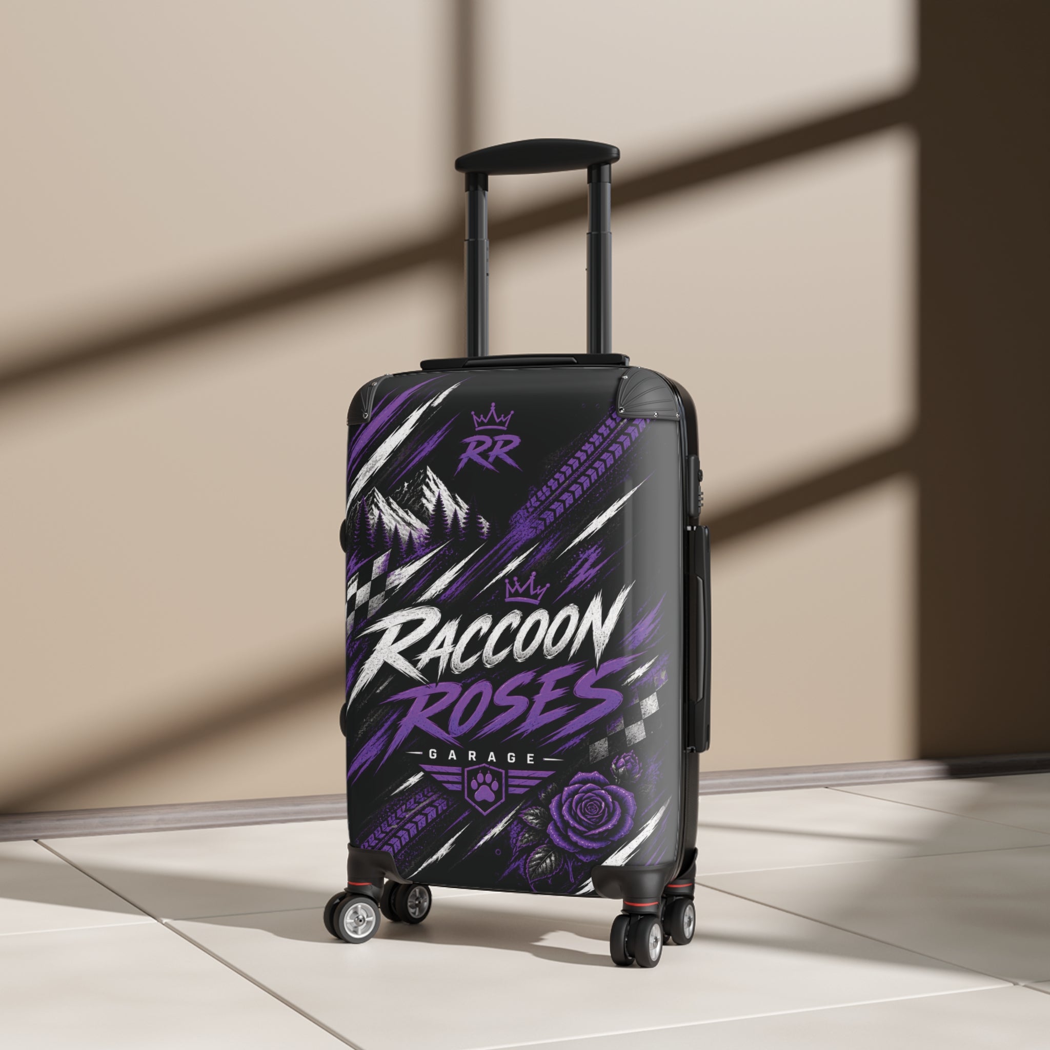 Raccoon Roses Carry-On Luggage – Skull Rider Graphic Suitcase