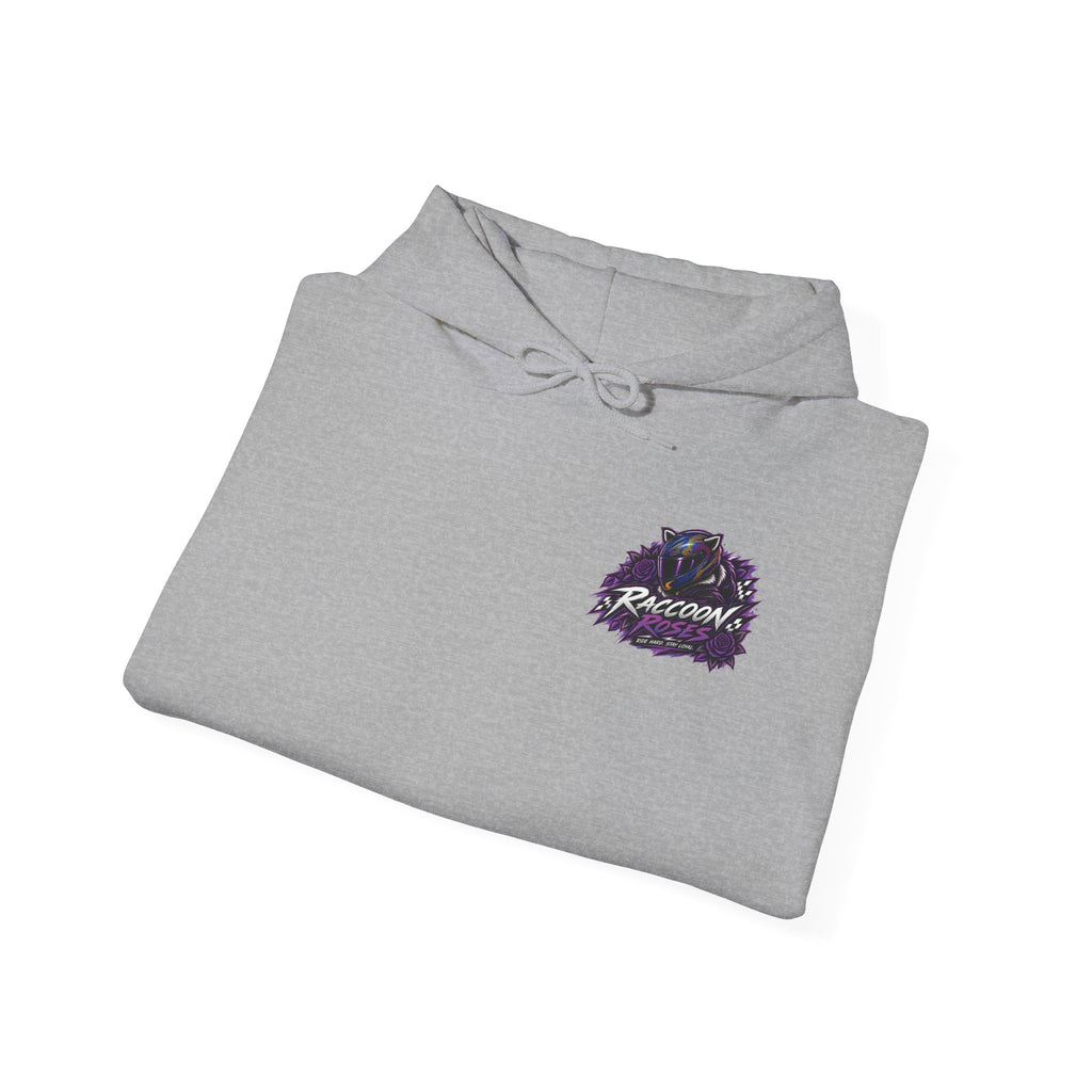Raccoon Roadsters Motorcycle Graphic Hoodie — Retro Purple Rider Sweatshirt