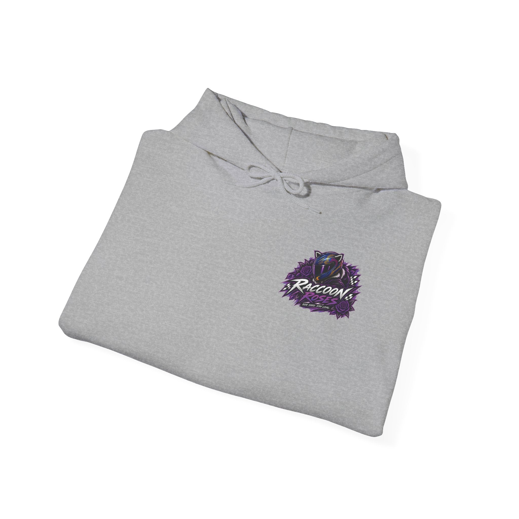 Raccoon Roadsters Motorcycle Graphic Hoodie — Retro Purple Rider Sweatshirt