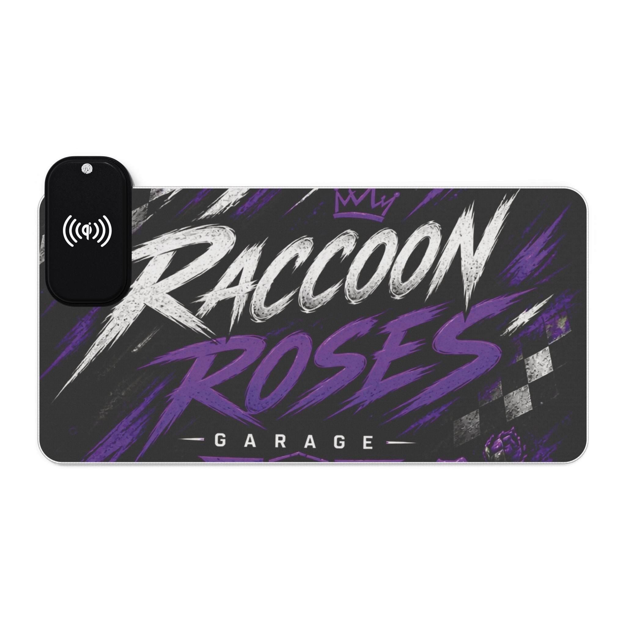 LED Gaming Mouse Pad with Wireless Charger — "Raccoon Roses" RGB Desk Mat