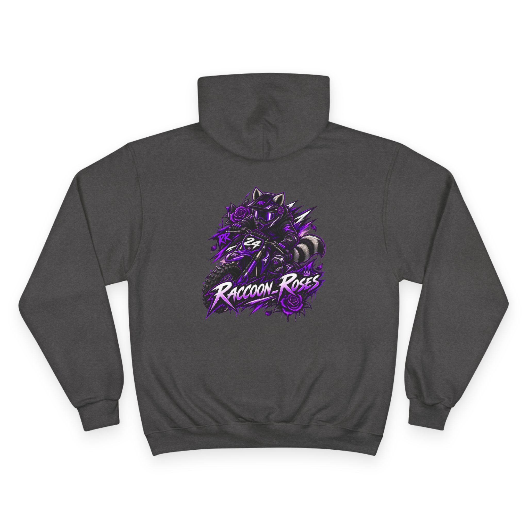 Raccoon Roses Hoodie — Bold Purple Graphic Streetwear Champion Hoodie