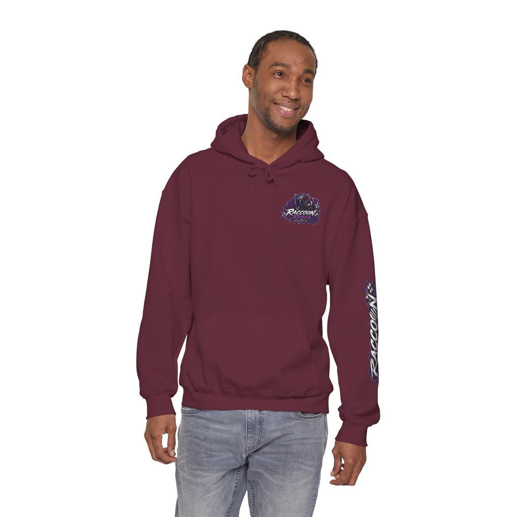 Raccoon Roadsters Motorcycle Graphic Hoodie — Retro Purple Rider Sweatshirt