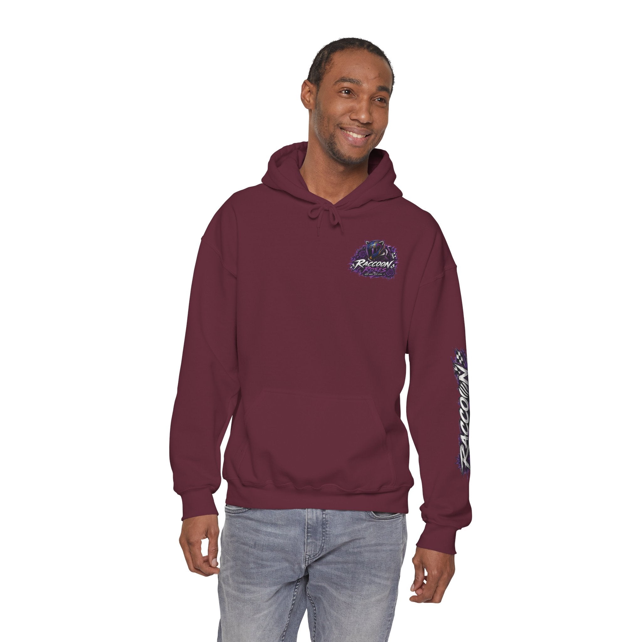 Raccoon Roadsters Motorcycle Graphic Hoodie — Retro Purple Rider Sweatshirt
