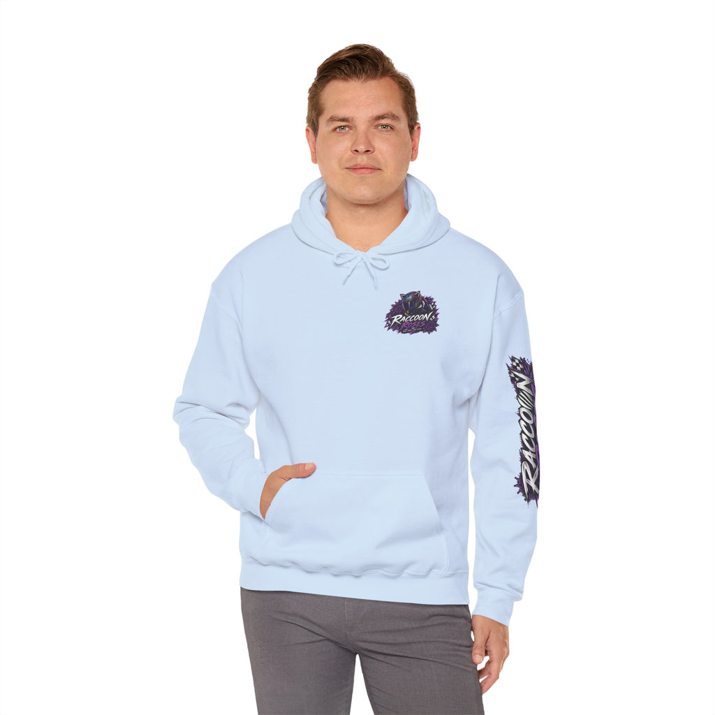 Raccoon Roadsters Motorcycle Graphic Hoodie — Retro Purple Rider Sweatshirt
