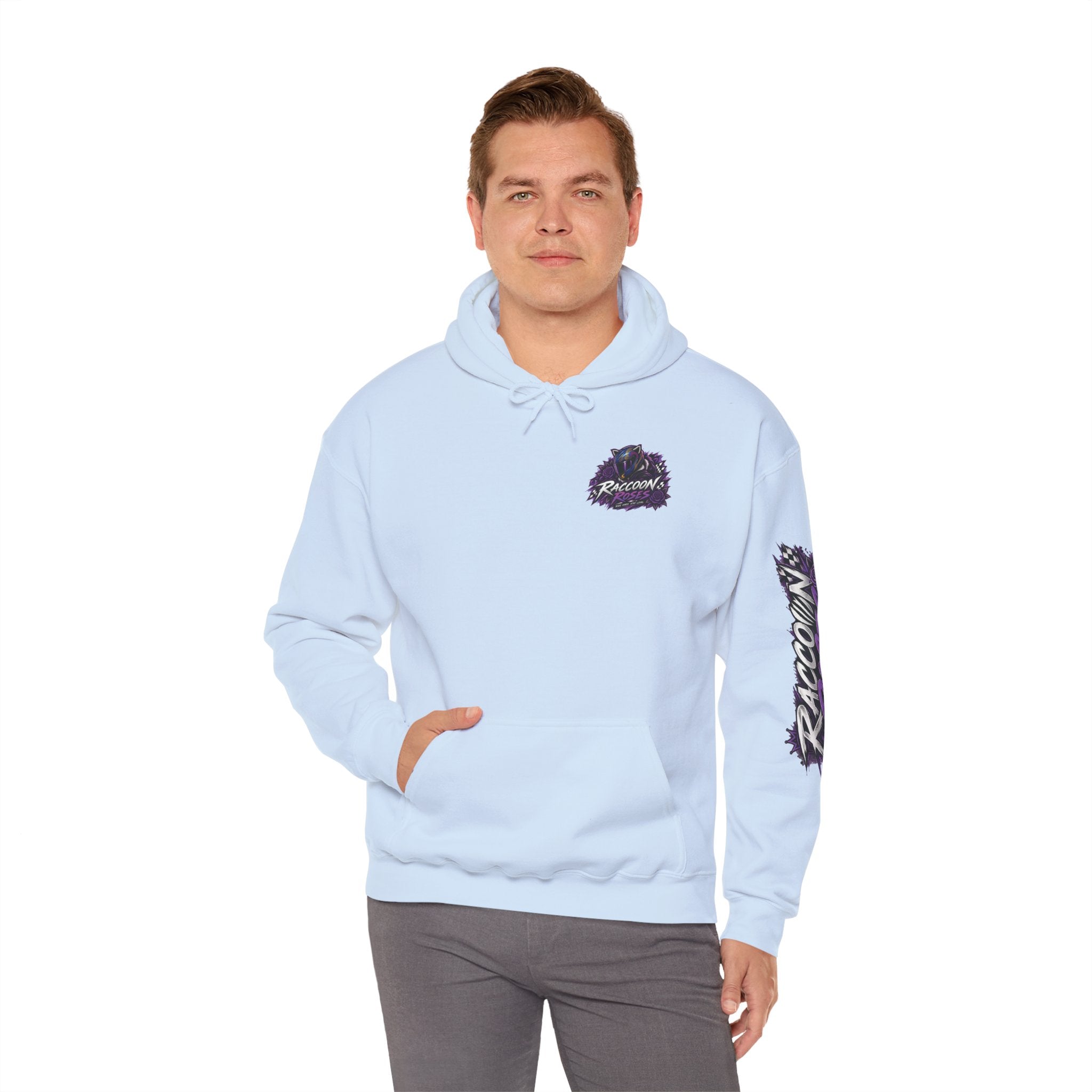 Raccoon Roadsters Motorcycle Graphic Hoodie — Retro Purple Rider Sweatshirt