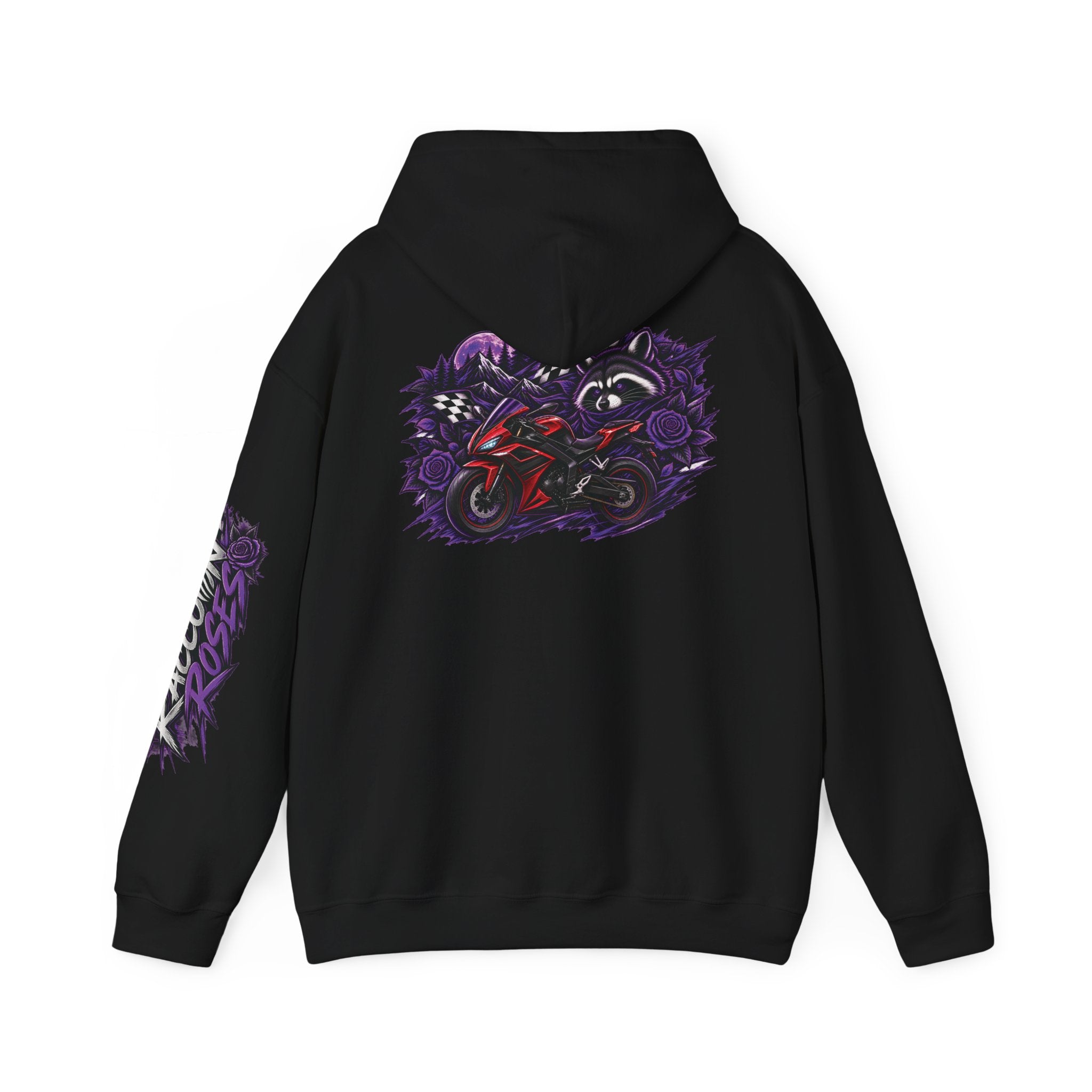 Raccoon Roadsters Motorcycle Graphic Hoodie — Retro Purple Rider Sweatshirt
