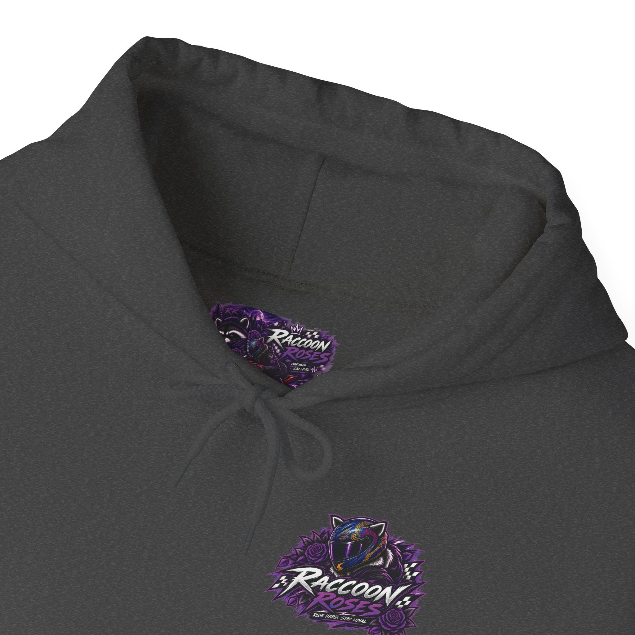 Raccoon Roadsters Motorcycle Graphic Hoodie — Retro Purple Rider Sweatshirt