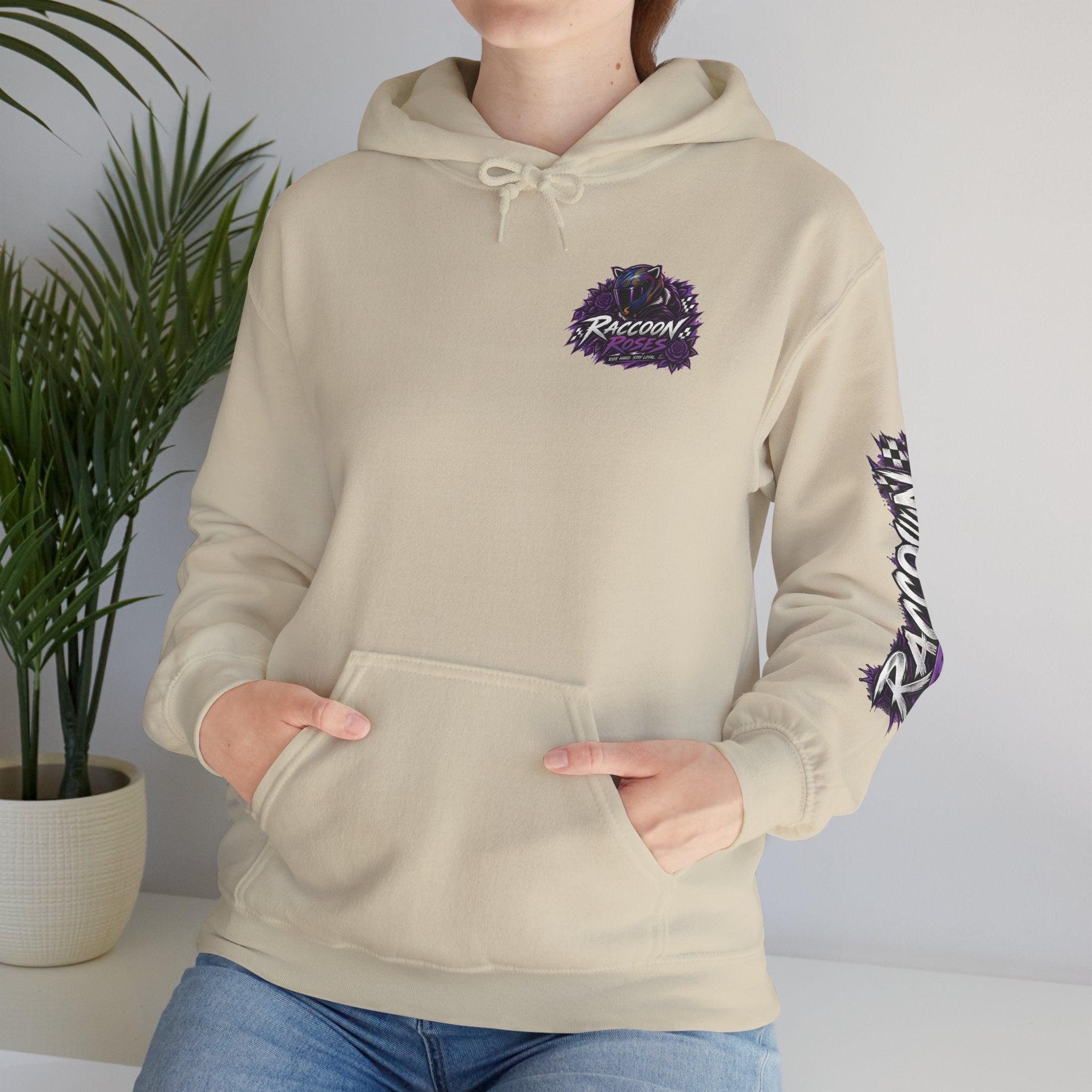Raccoon Roadsters Motorcycle Graphic Hoodie — Retro Purple Rider Sweatshirt
