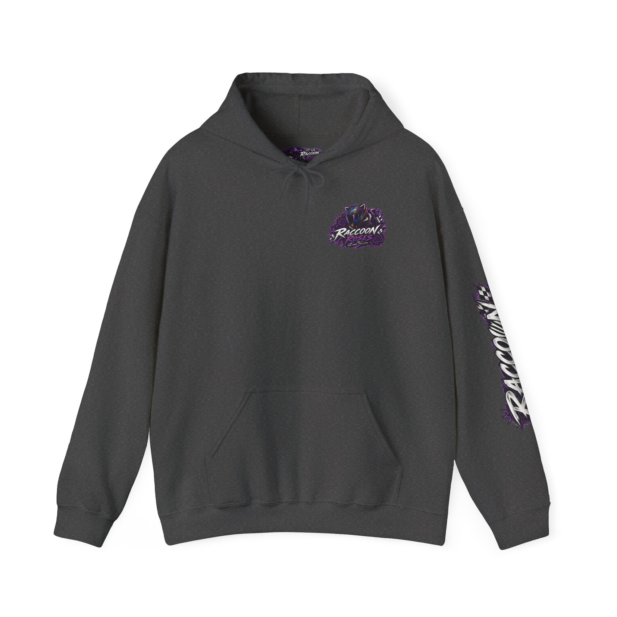 Raccoon Roadsters Motorcycle Graphic Hoodie — Retro Purple Rider Sweatshirt