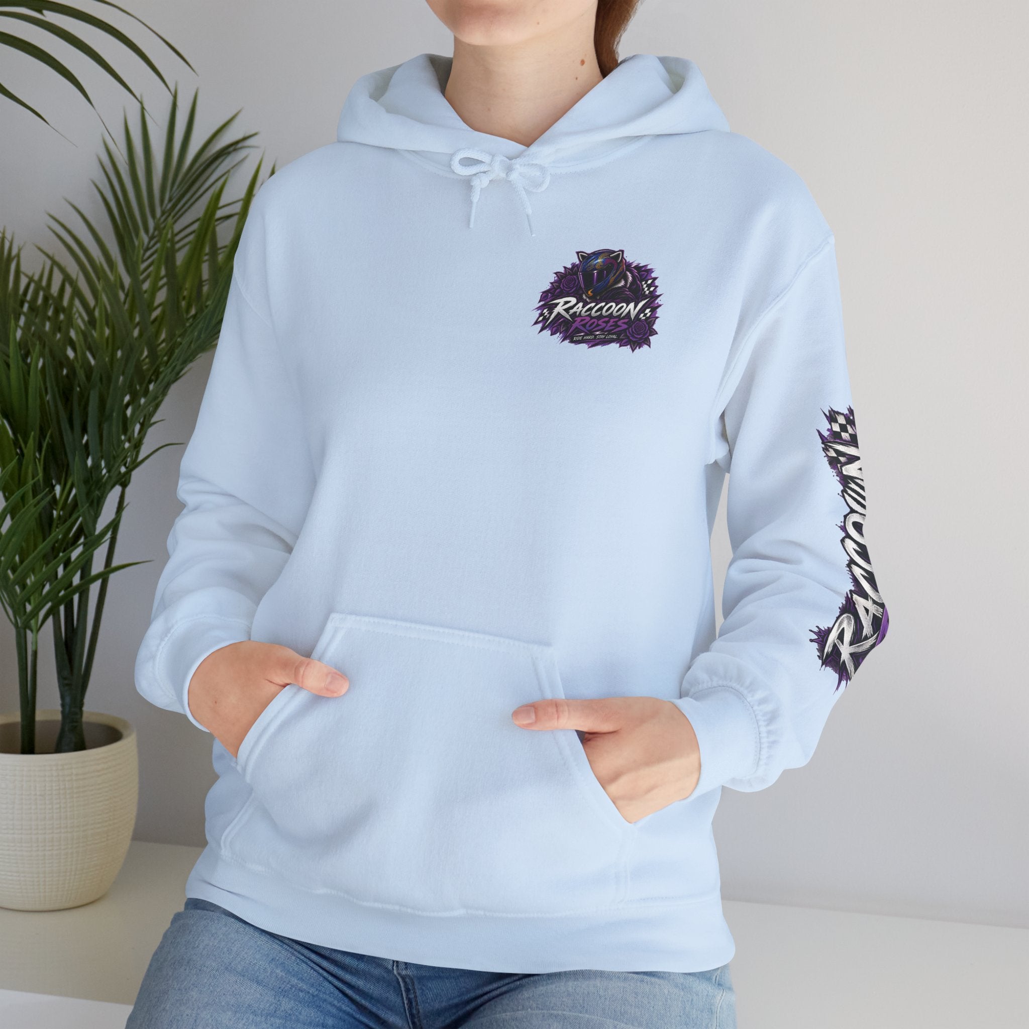 Raccoon Roadsters Motorcycle Graphic Hoodie — Retro Purple Rider Sweatshirt
