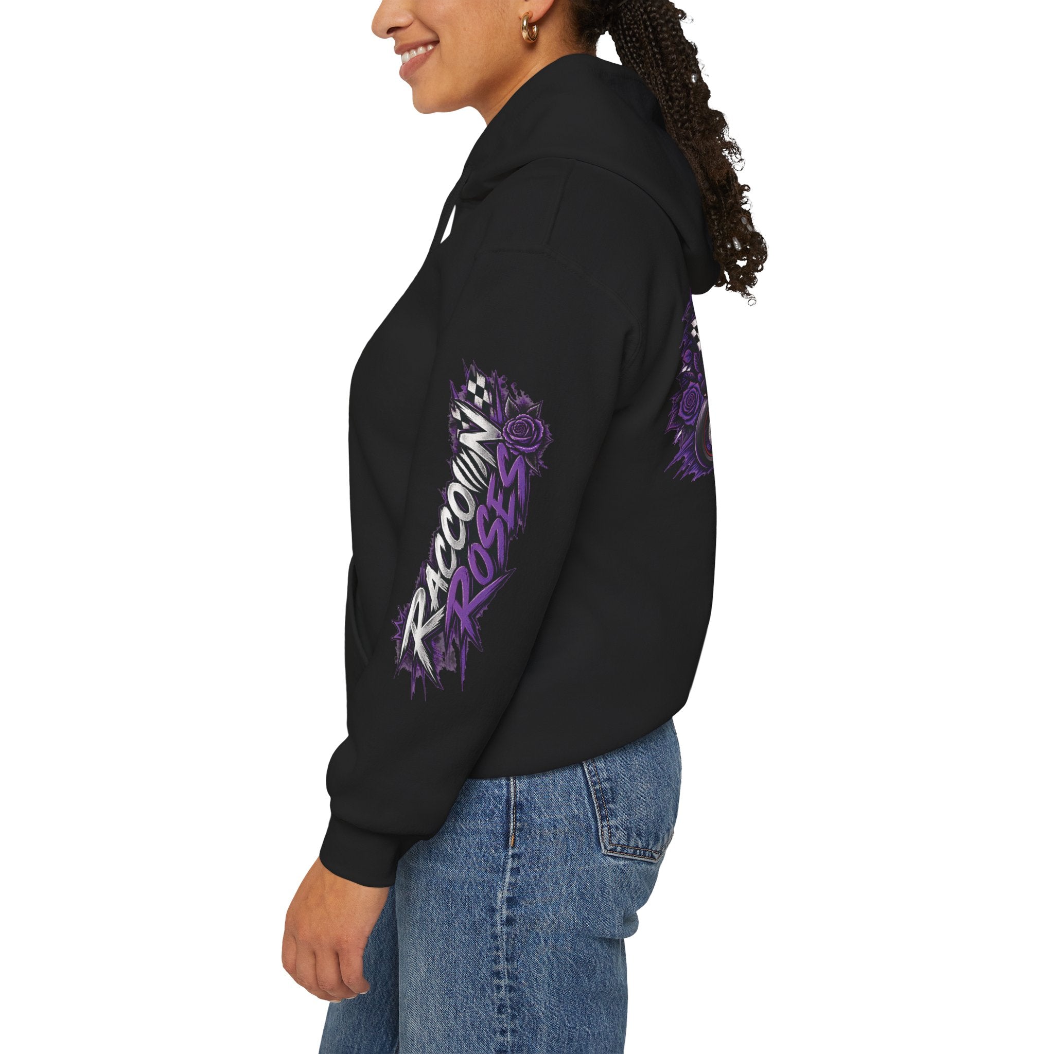Raccoon Roadsters Motorcycle Graphic Hoodie — Retro Purple Rider Sweatshirt