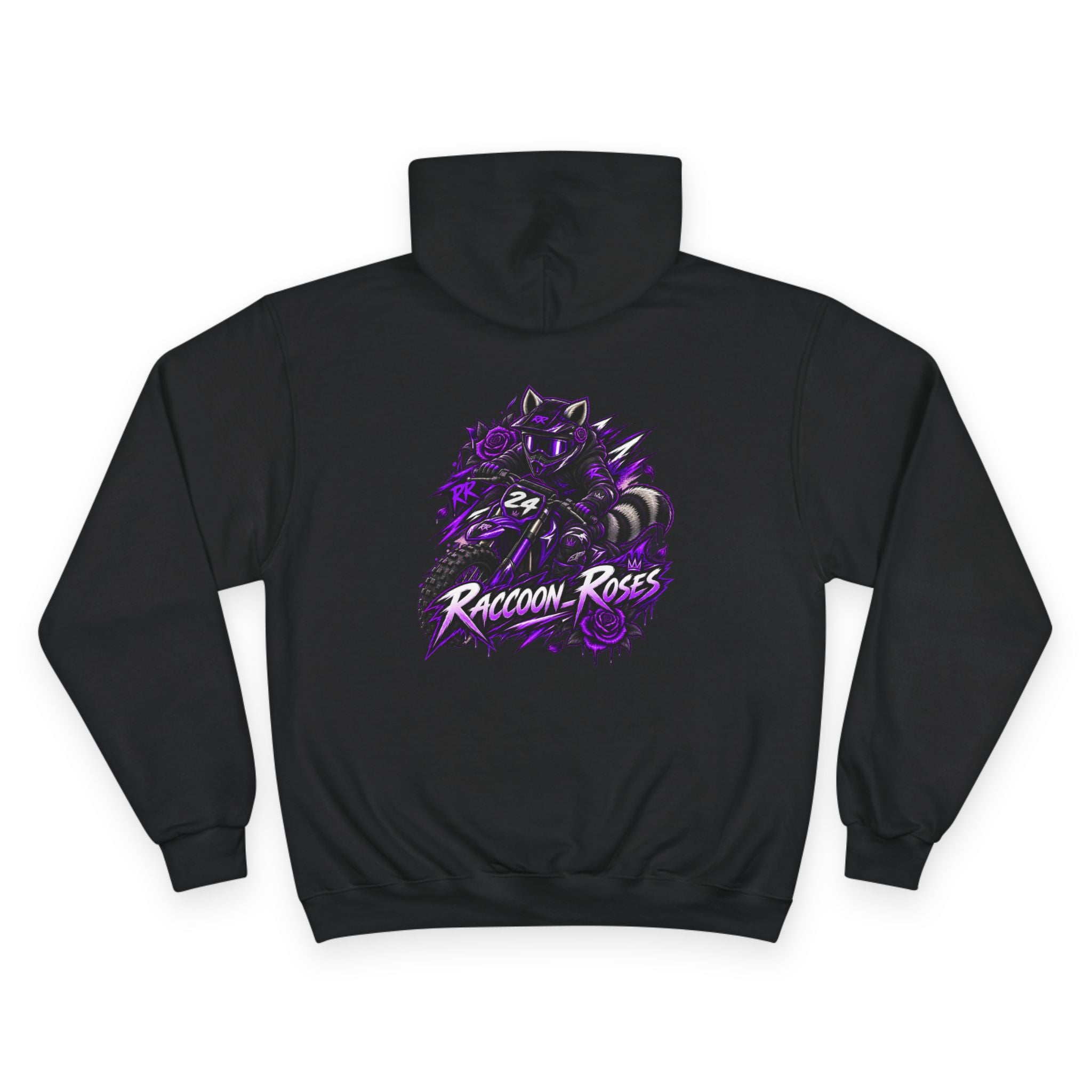 Raccoon Roses Hoodie — Bold Purple Graphic Streetwear Champion Hoodie
