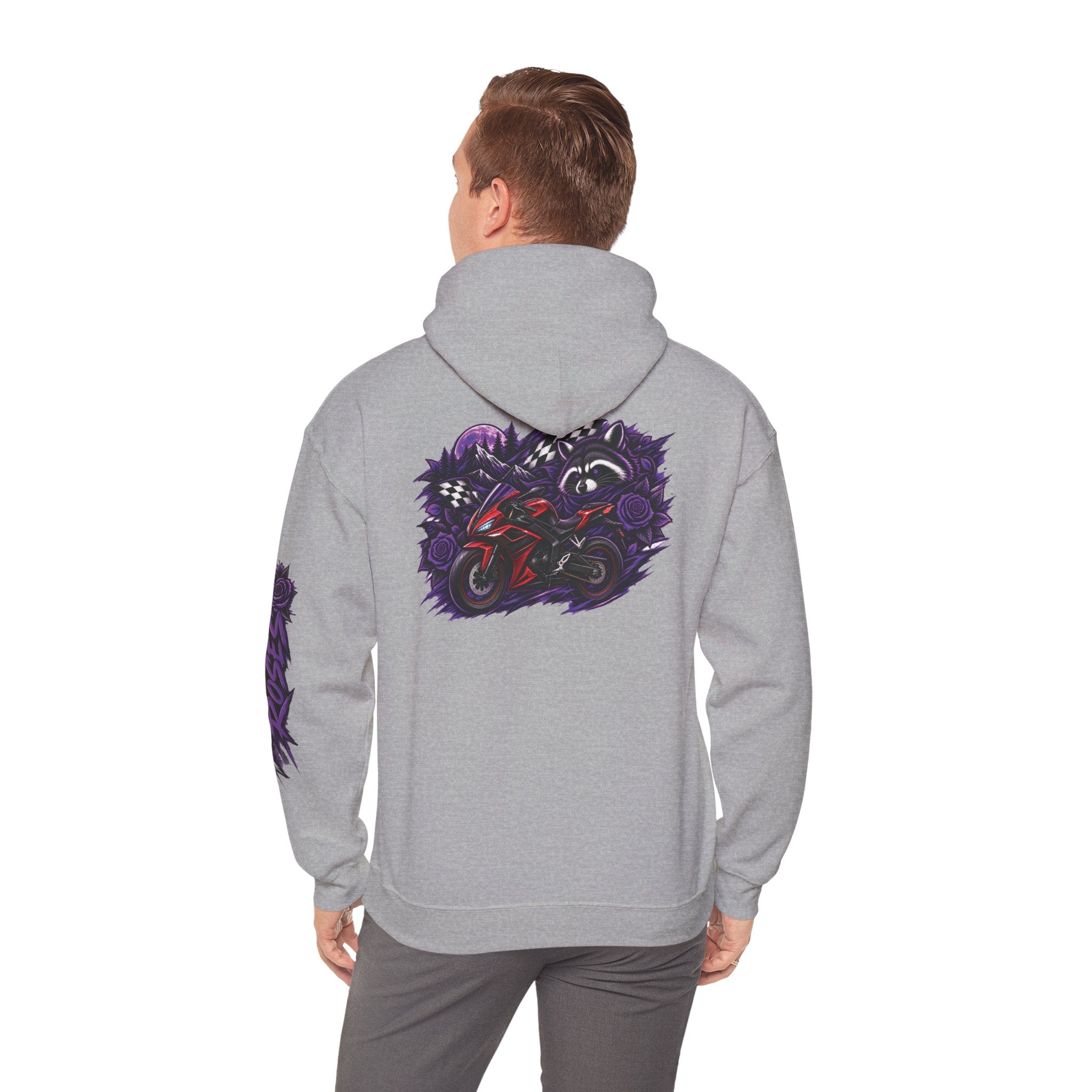 Raccoon Roadsters Motorcycle Graphic Hoodie — Retro Purple Rider Sweatshirt