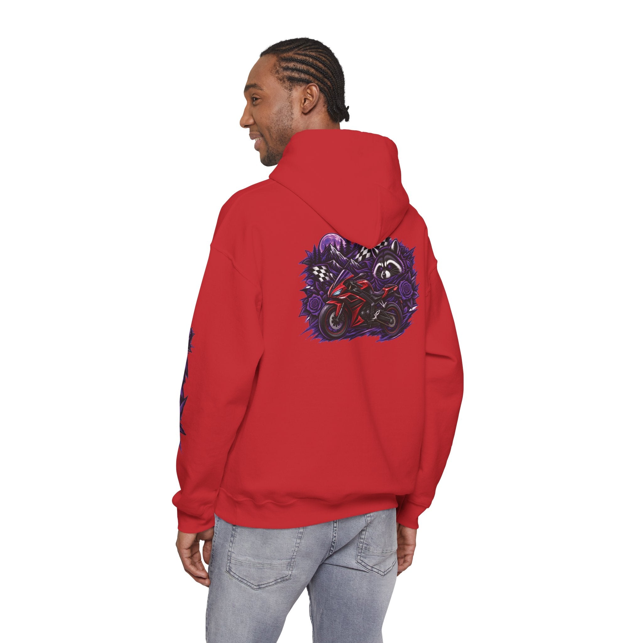 Raccoon Roadsters Motorcycle Graphic Hoodie — Retro Purple Rider Sweatshirt