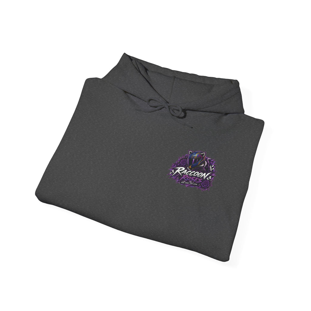 Raccoon Roadsters Motorcycle Graphic Hoodie — Retro Purple Rider Sweatshirt