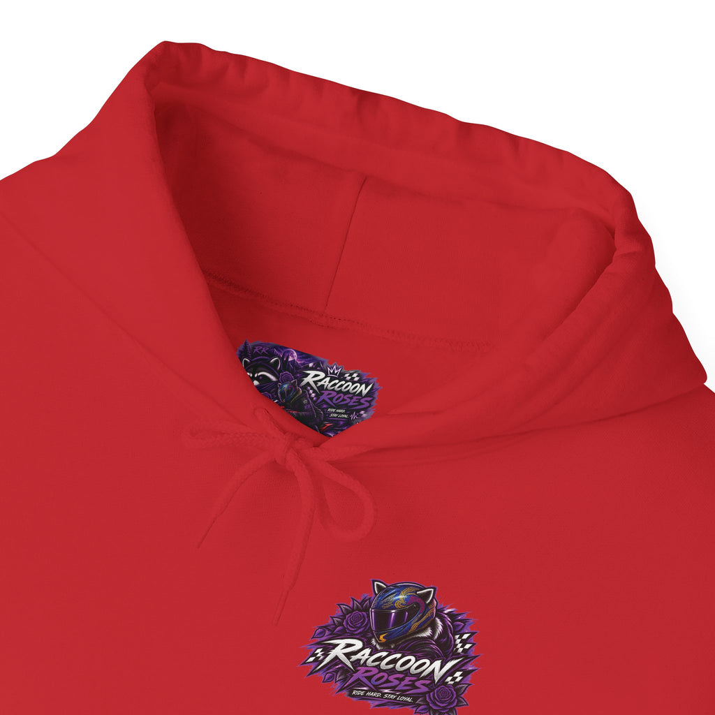 Raccoon Roadsters Motorcycle Graphic Hoodie — Retro Purple Rider Sweatshirt