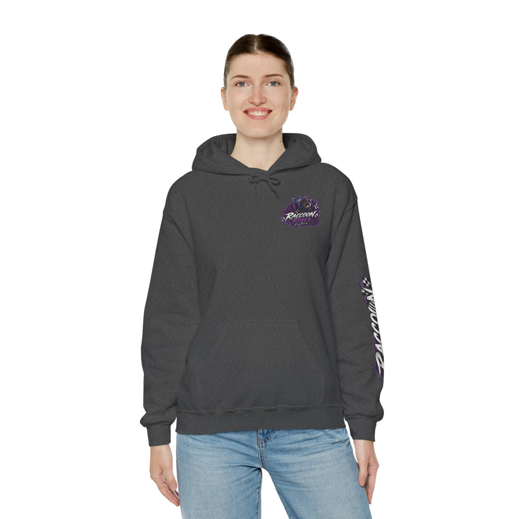 Raccoon Roadsters Motorcycle Graphic Hoodie — Retro Purple Rider Sweatshirt