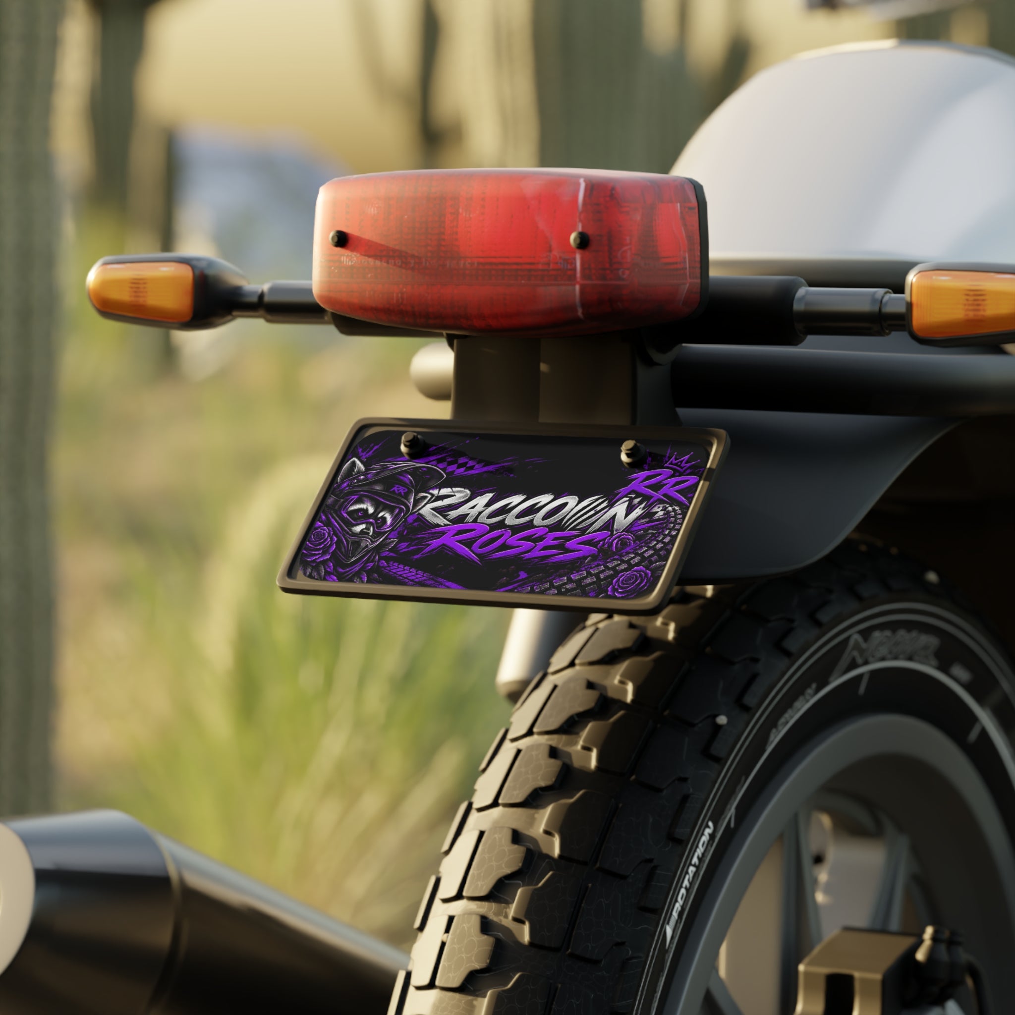 Raccoon Roses Mini License Plate - Purple Racing Skull Design