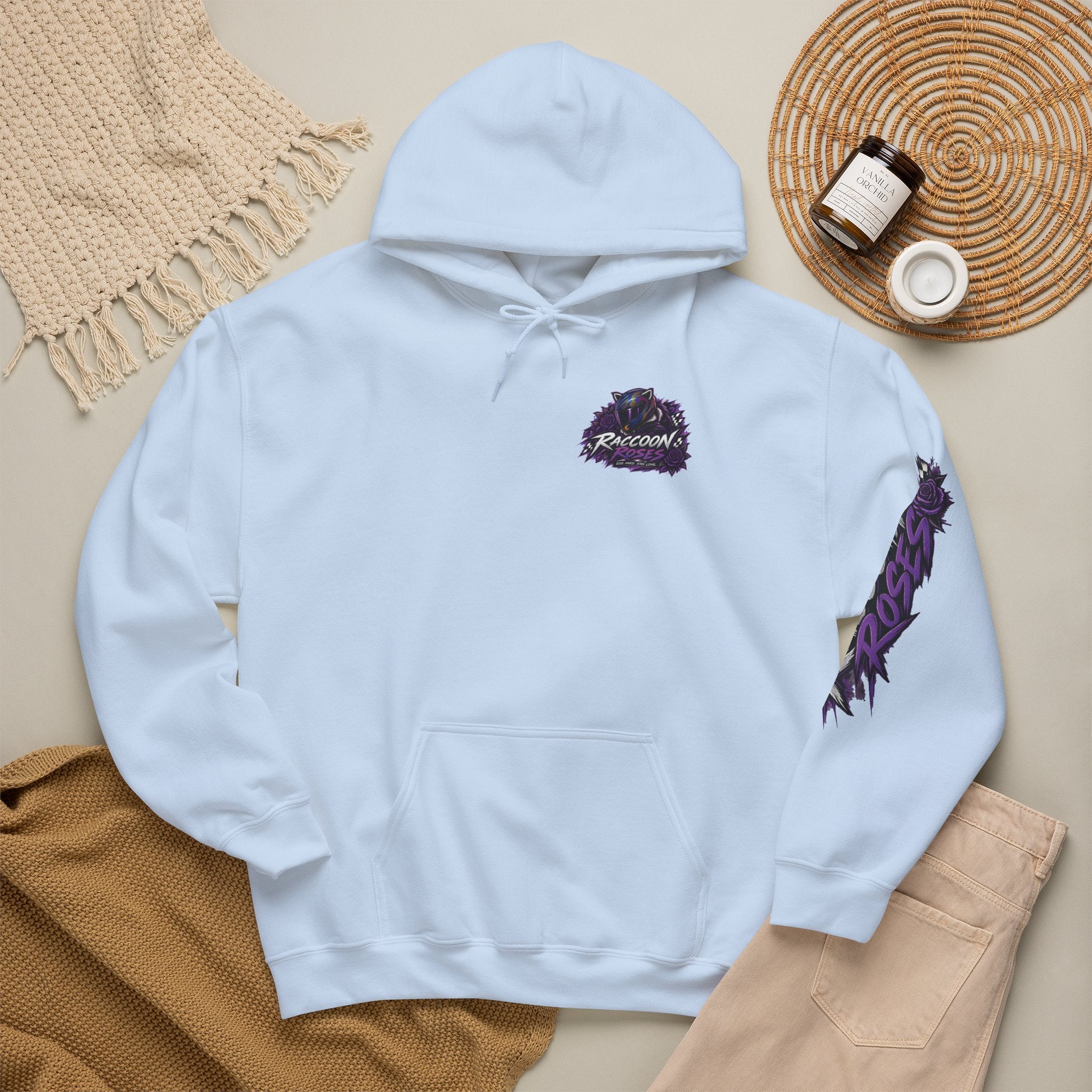 Raccoon Roadsters Motorcycle Graphic Hoodie — Retro Purple Rider Sweatshirt