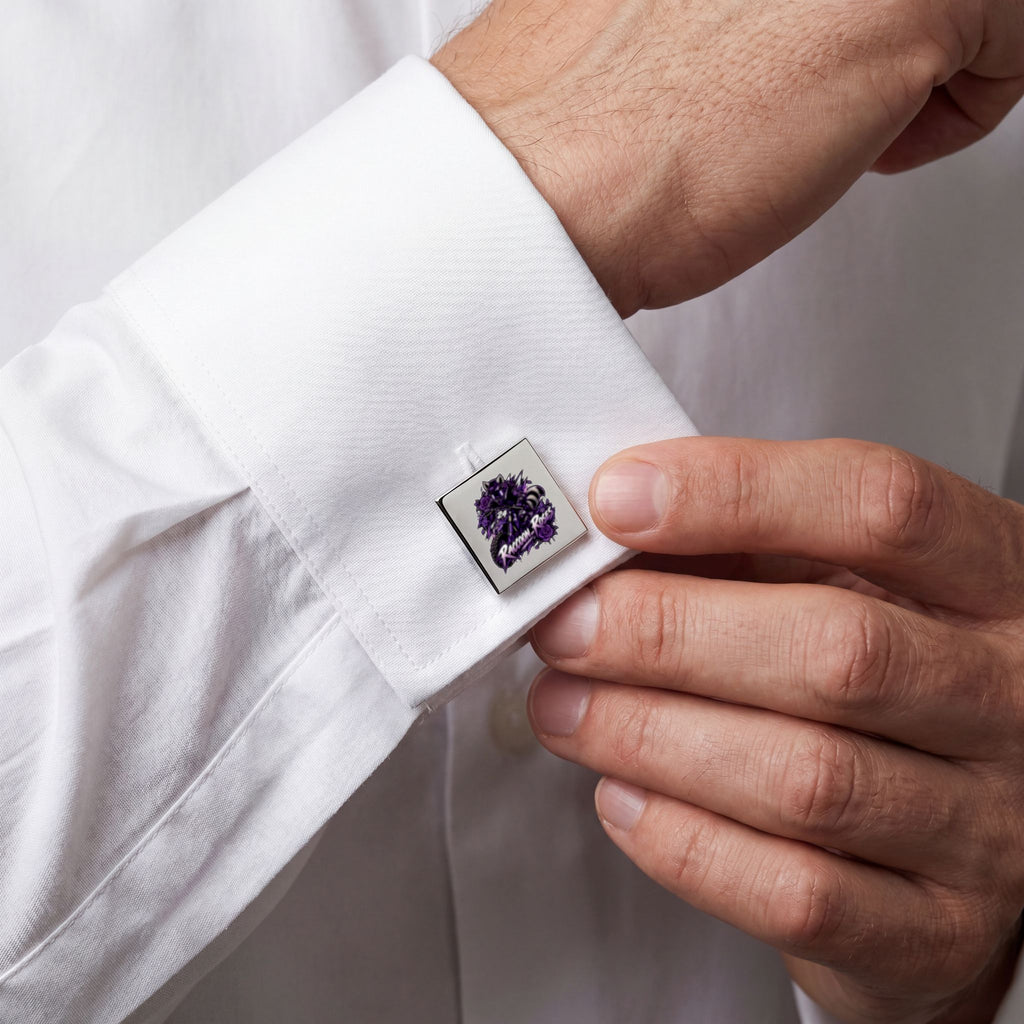 Gold Square Cufflinks with Purple Raven Rose Emblem — Elegant Formal Accessory