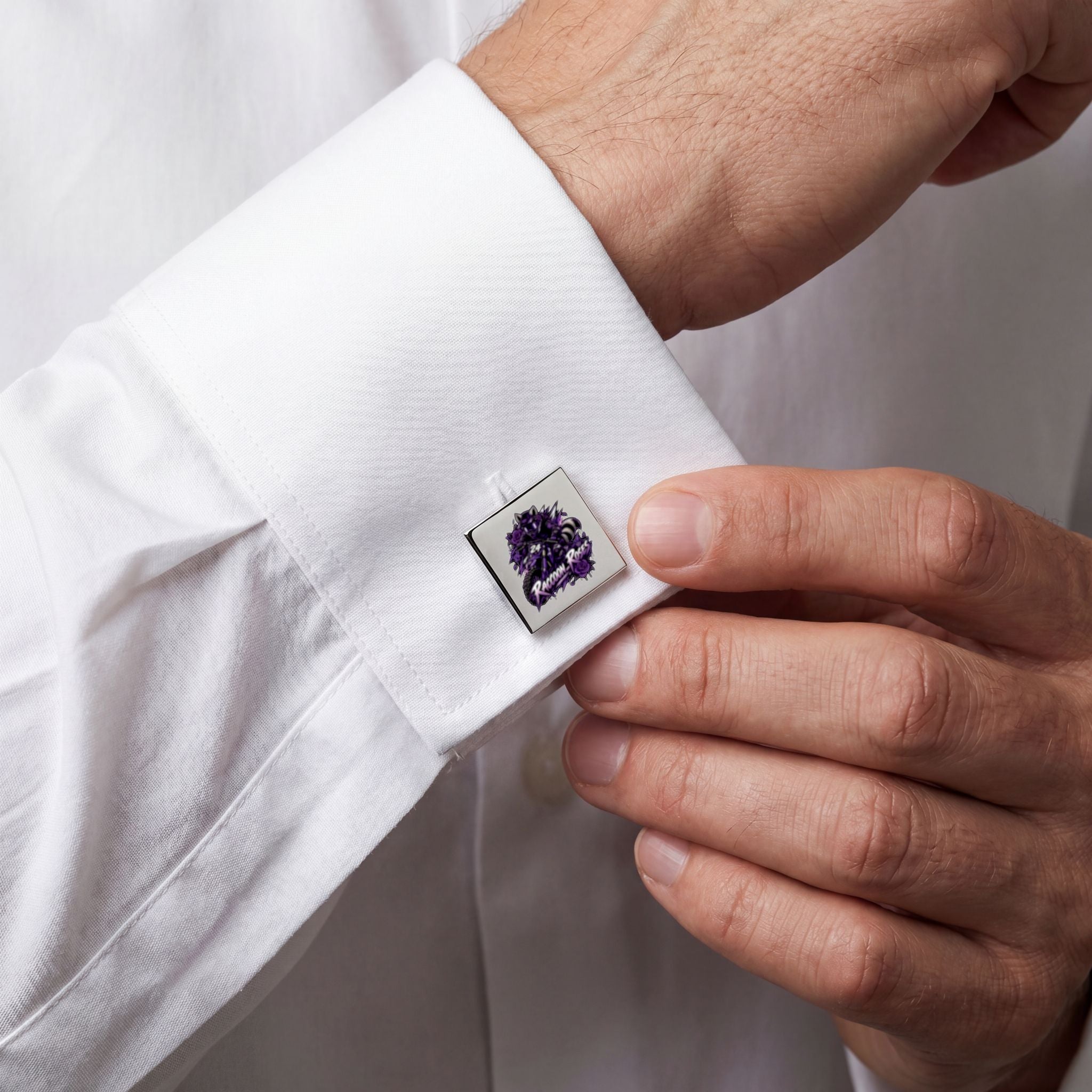 Gold Square Cufflinks with Purple Raven Rose Emblem — Elegant Formal Accessory