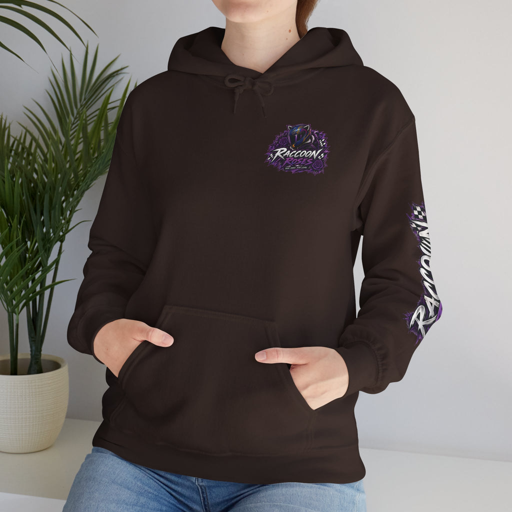 Raccoon Roadsters Motorcycle Graphic Hoodie — Retro Purple Rider Sweatshirt