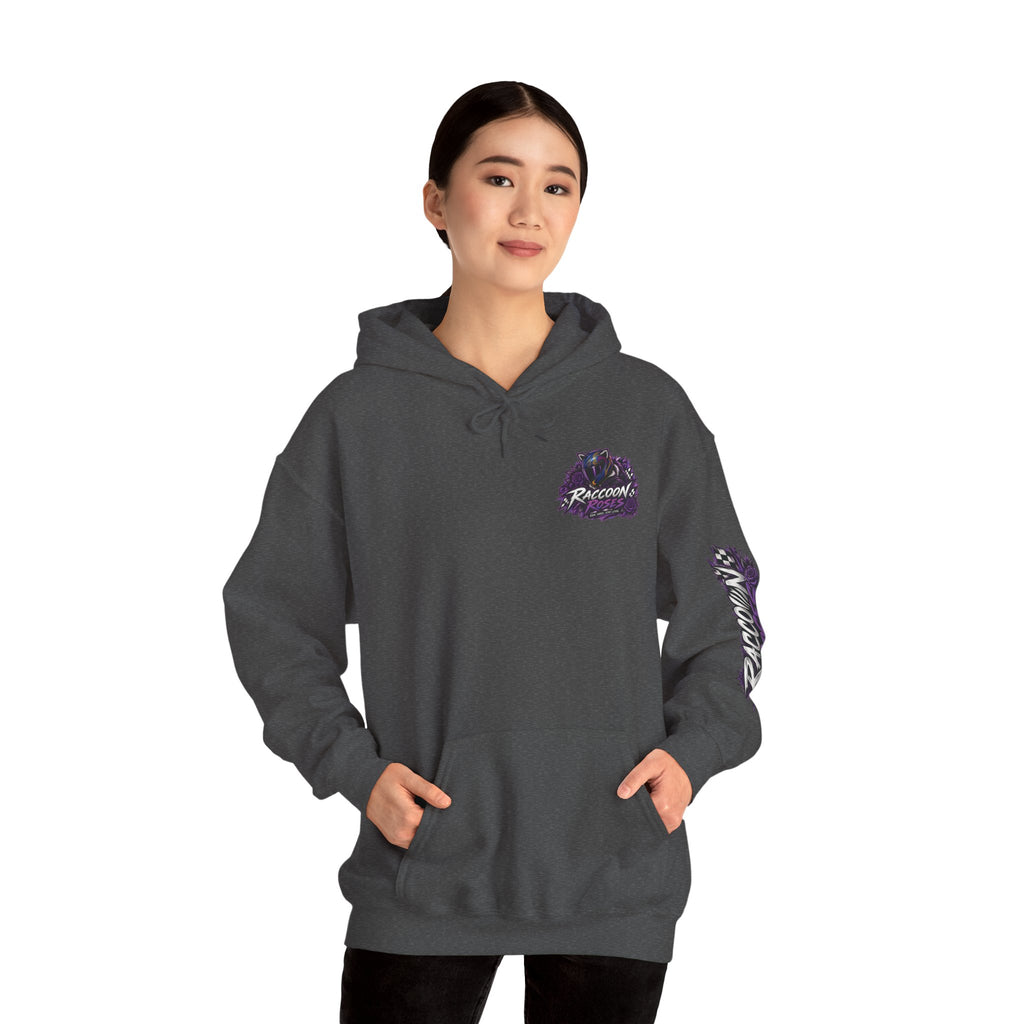 Raccoon Roadsters Motorcycle Graphic Hoodie — Retro Purple Rider Sweatshirt
