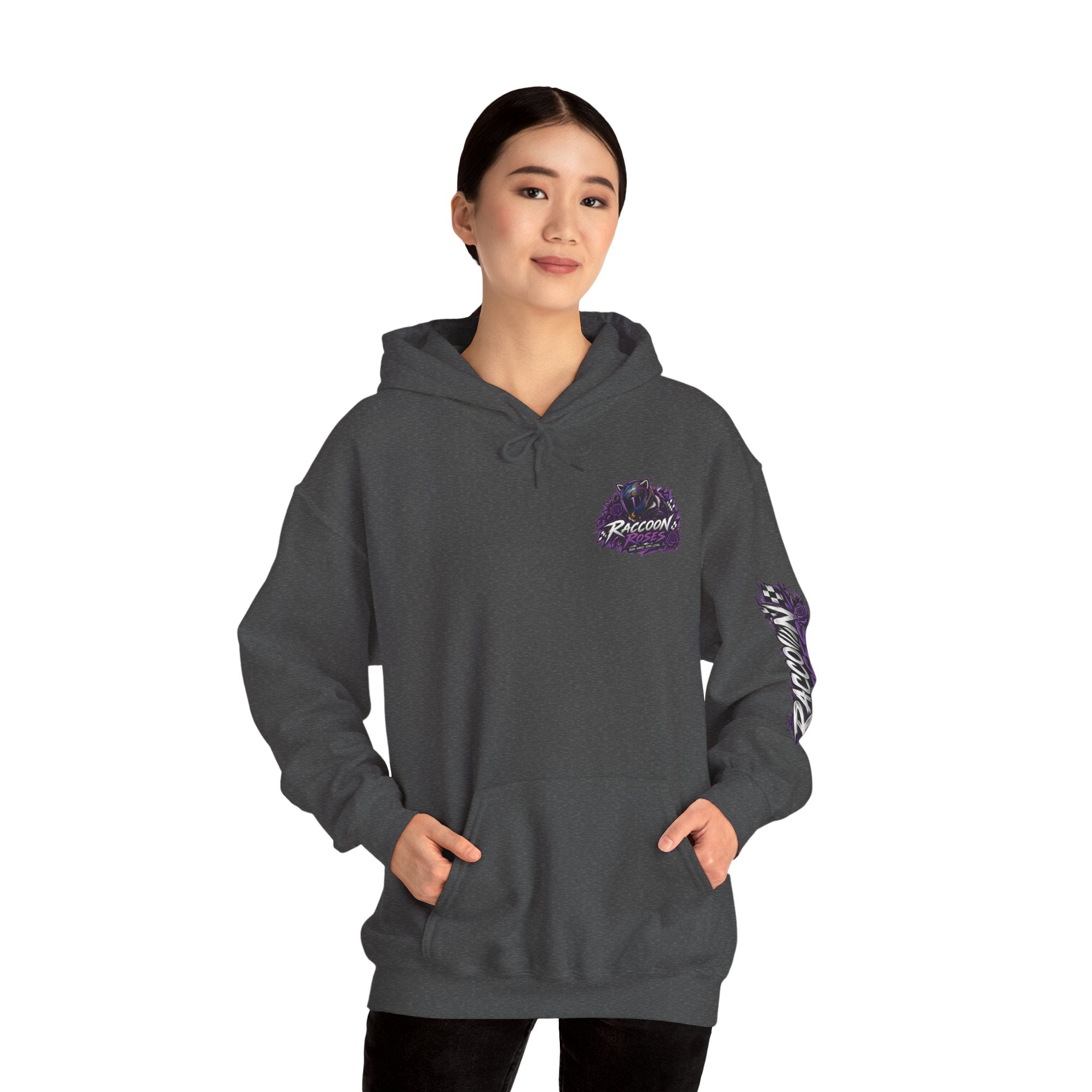 Raccoon Roadsters Motorcycle Graphic Hoodie — Retro Purple Rider Sweatshirt