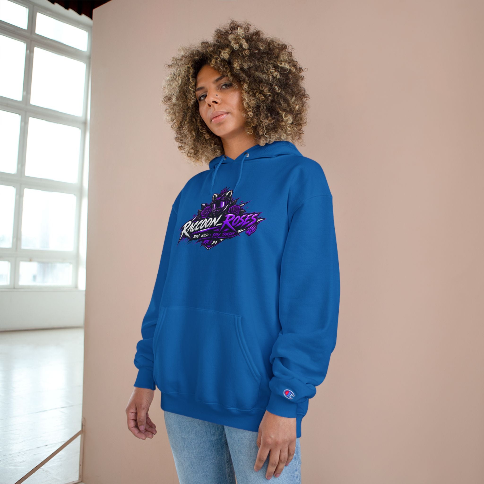 Raccoon Roses Hoodie — Bold Purple Graphic Streetwear Champion Hoodie