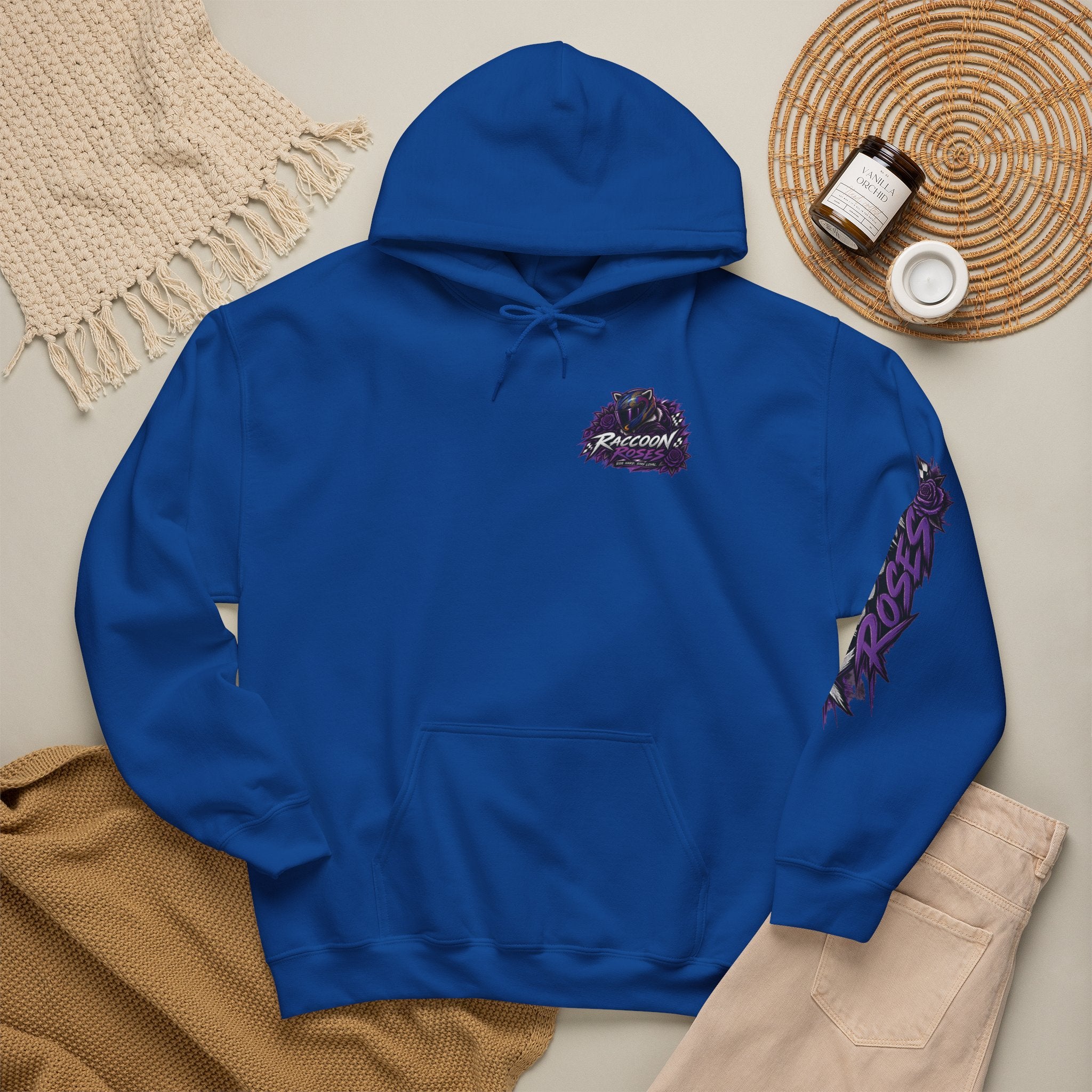 Raccoon Roadsters Motorcycle Graphic Hoodie — Retro Purple Rider Sweatshirt
