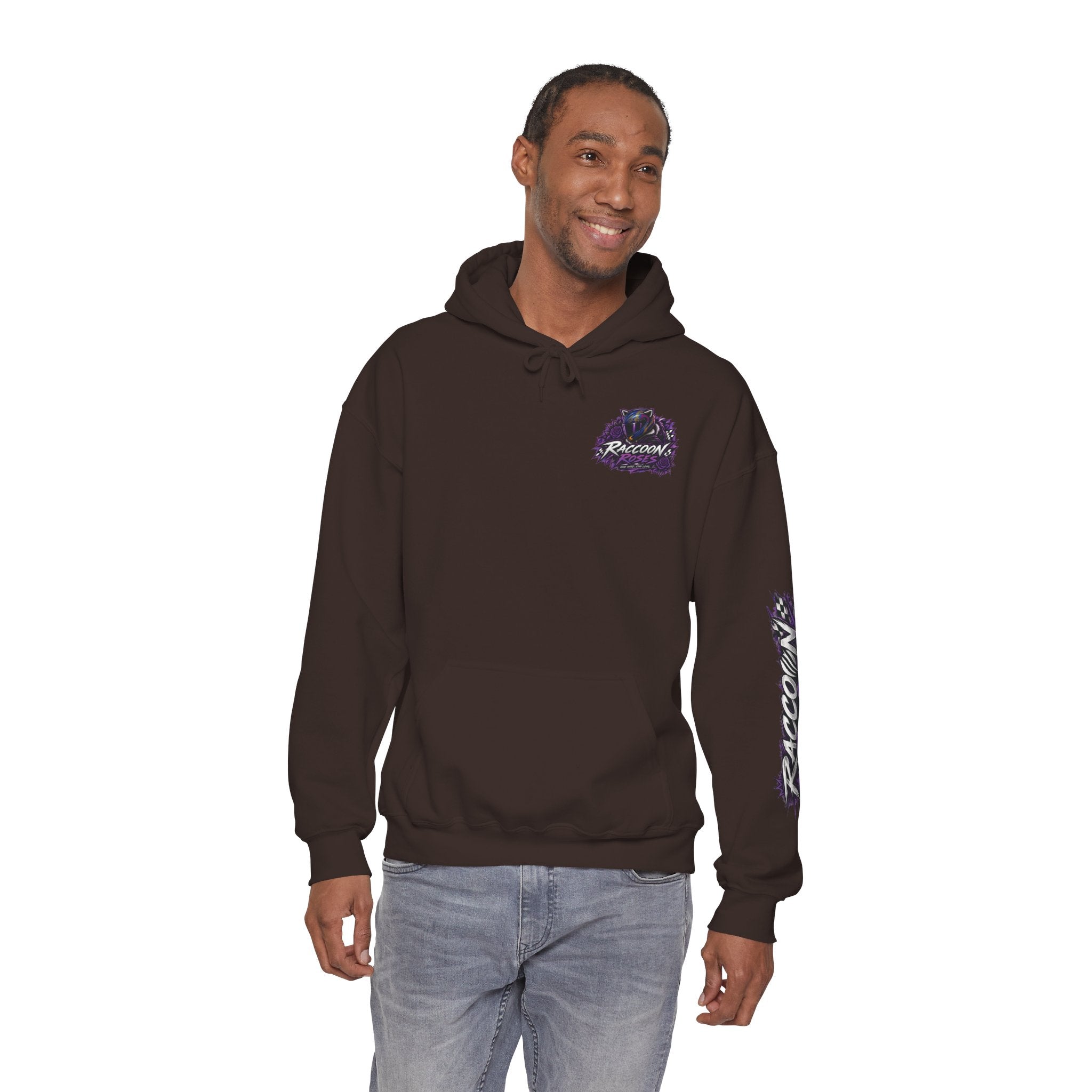 Raccoon Roadsters Motorcycle Graphic Hoodie — Retro Purple Rider Sweatshirt