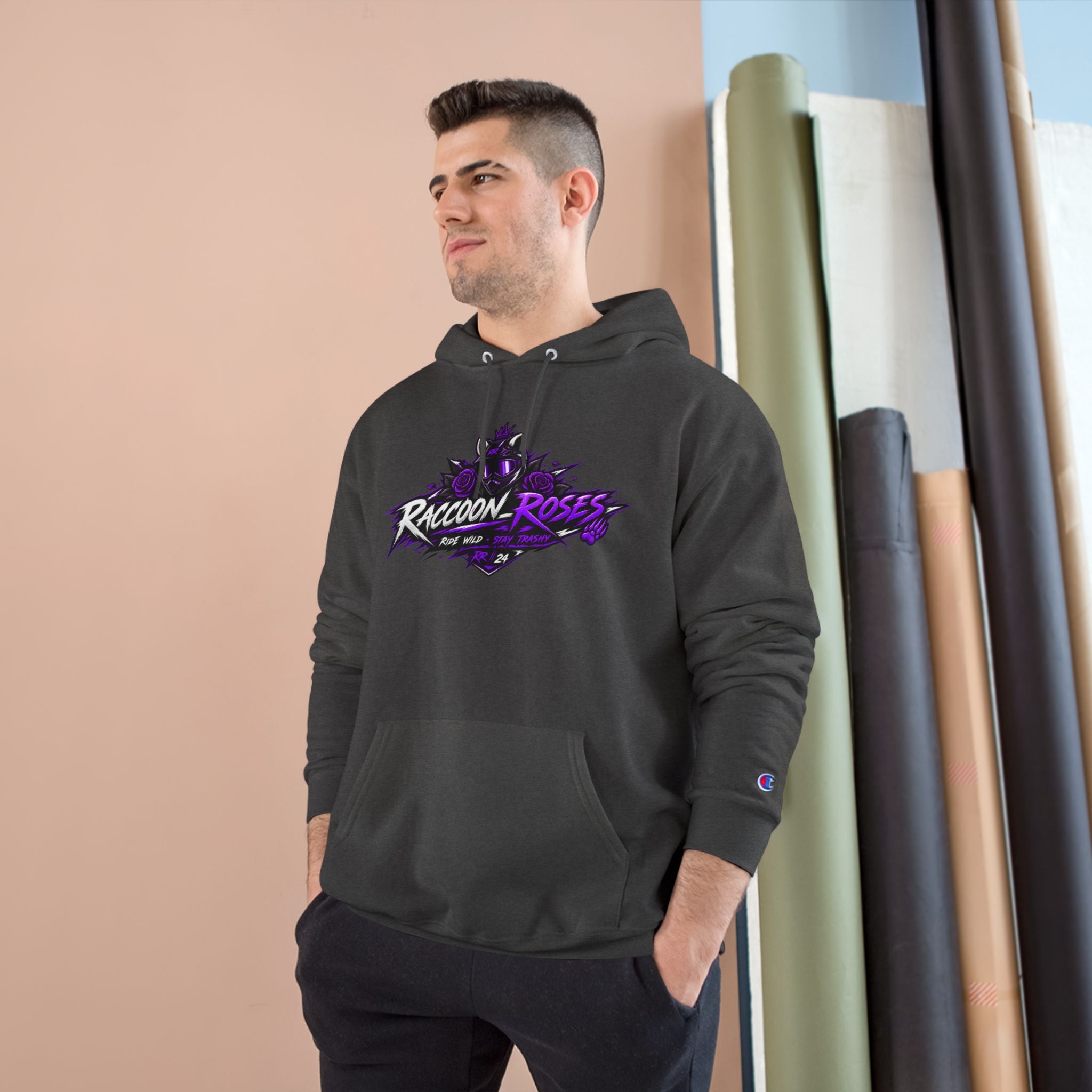Raccoon Roses Hoodie — Bold Purple Graphic Streetwear Champion Hoodie
