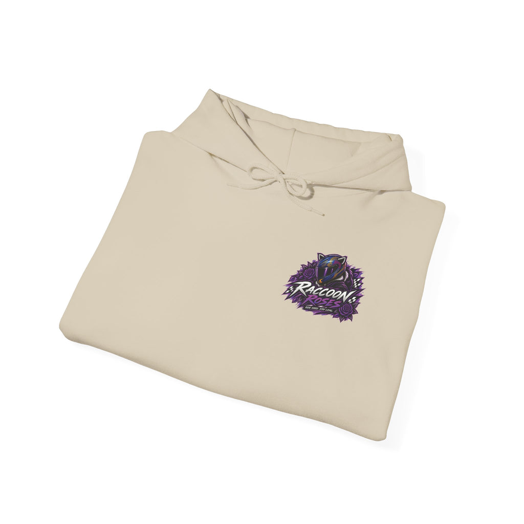 Raccoon Roadsters Motorcycle Graphic Hoodie — Retro Purple Rider Sweatshirt