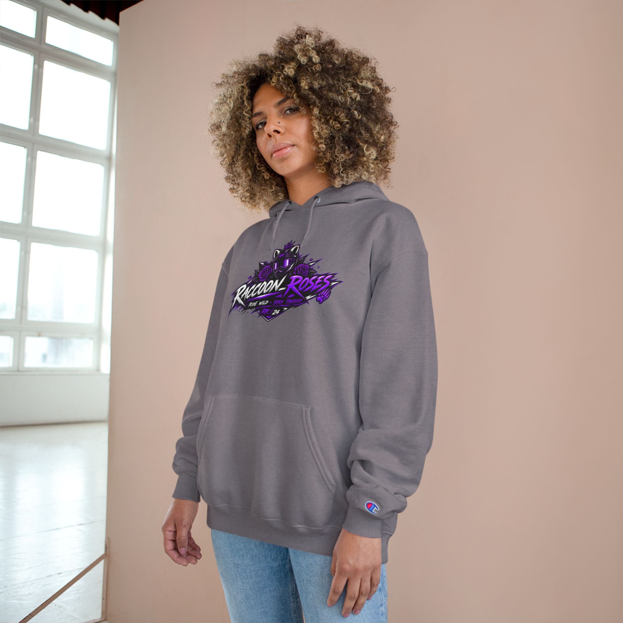Raccoon Roses Hoodie — Bold Purple Graphic Streetwear Champion Hoodie