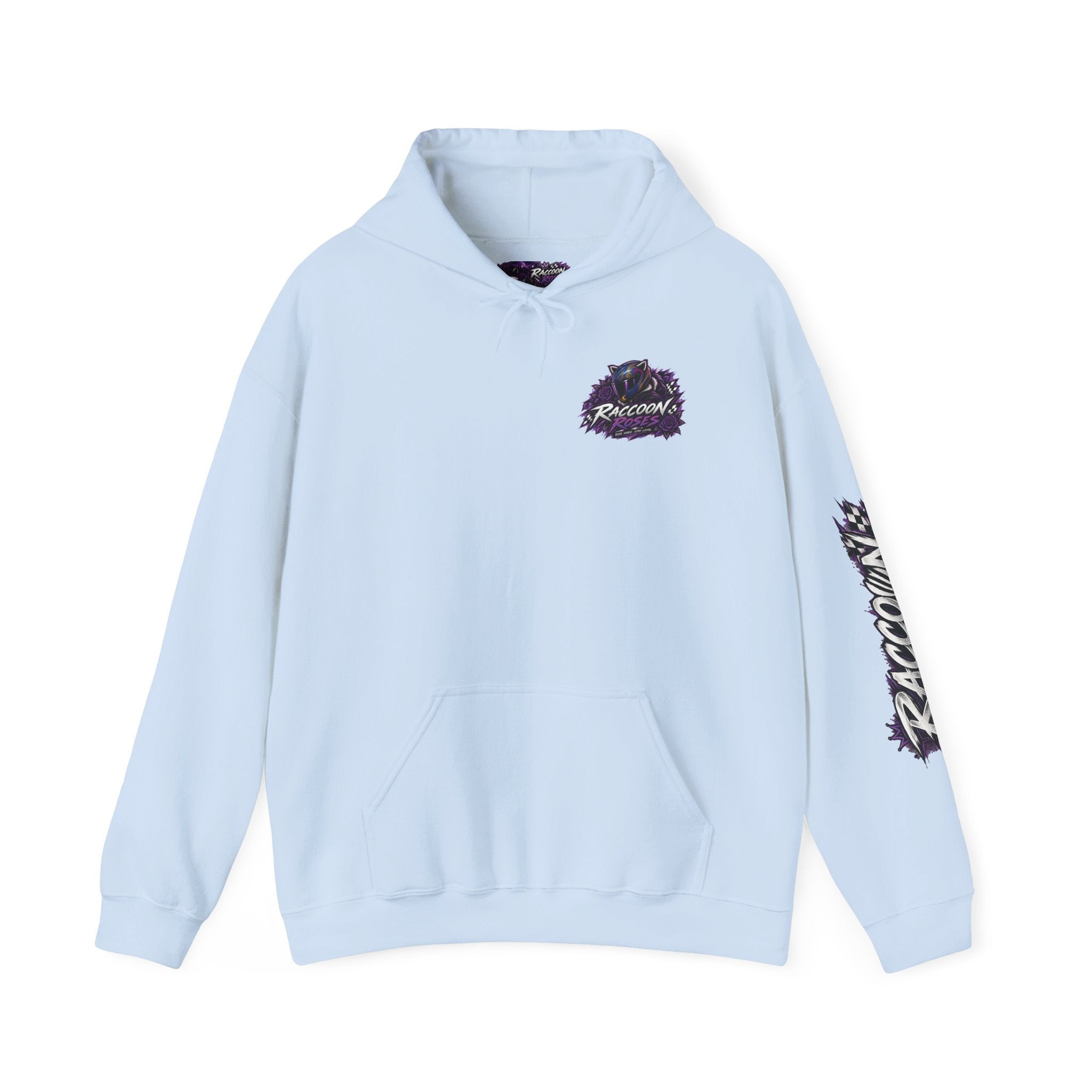Raccoon Roadsters Motorcycle Graphic Hoodie — Retro Purple Rider Sweatshirt