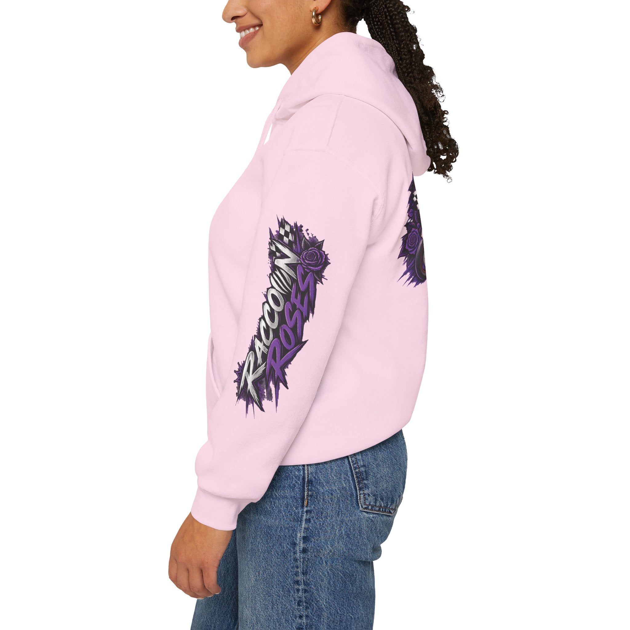 Raccoon Roadsters Motorcycle Graphic Hoodie — Retro Purple Rider Sweatshirt