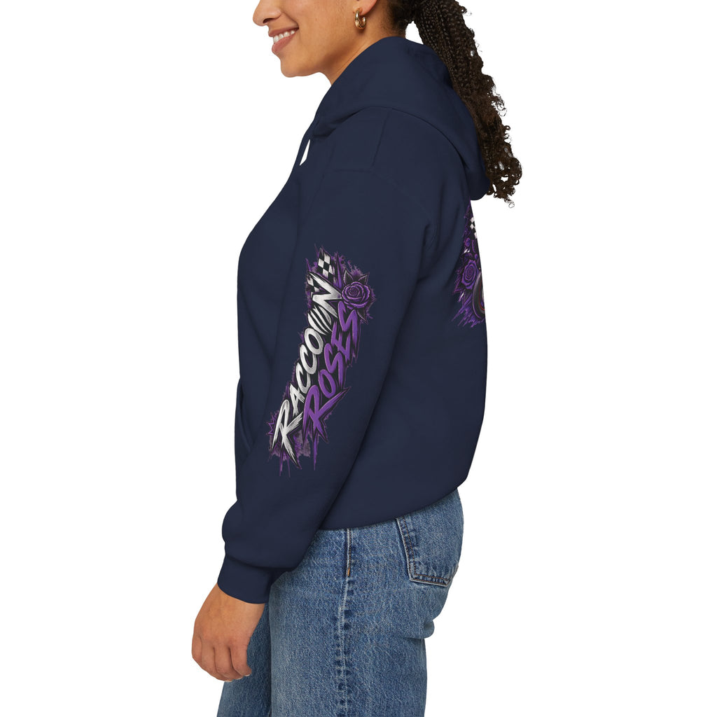 Raccoon Roadsters Motorcycle Graphic Hoodie — Retro Purple Rider Sweatshirt