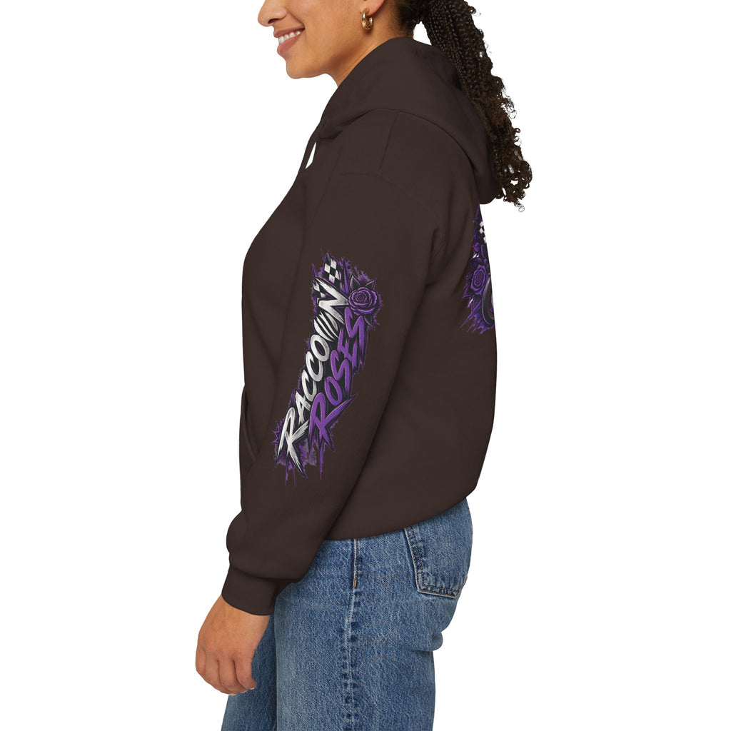 Raccoon Roadsters Motorcycle Graphic Hoodie — Retro Purple Rider Sweatshirt