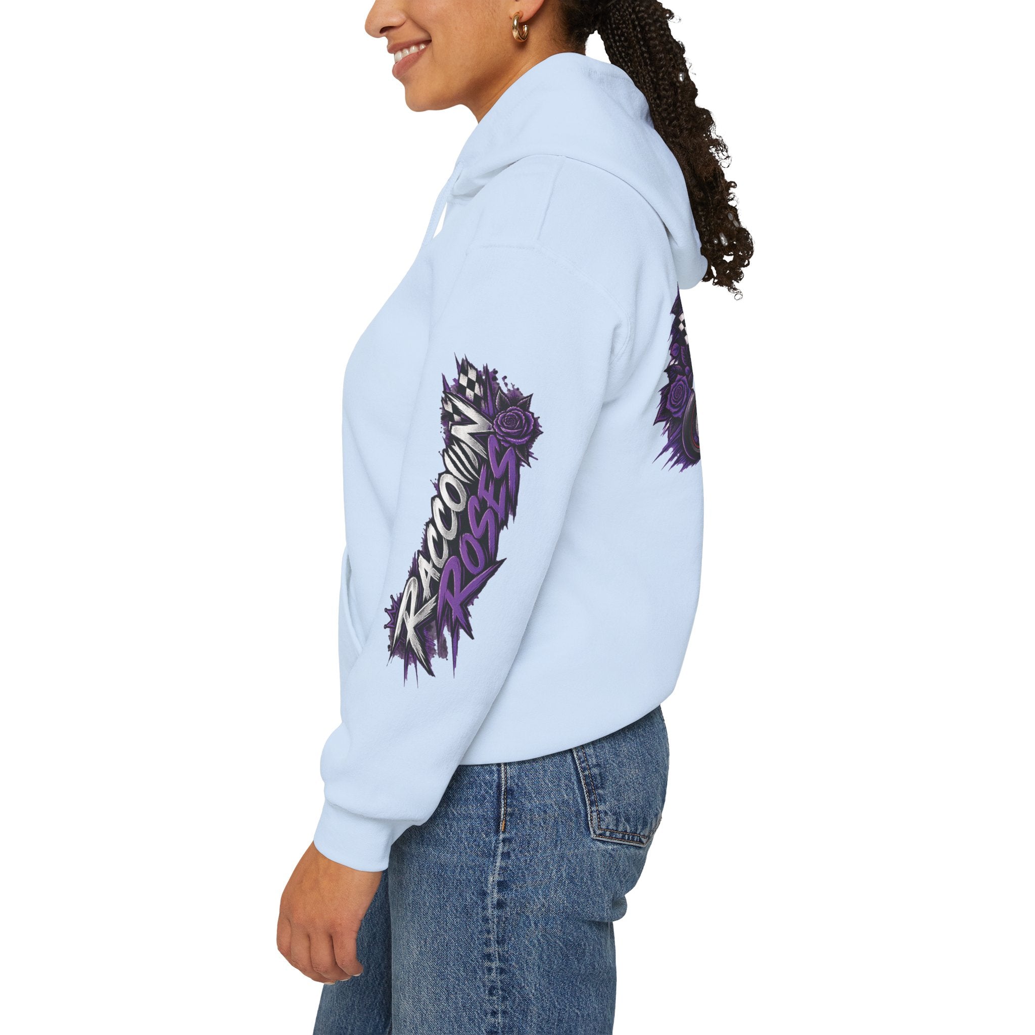 Raccoon Roadsters Motorcycle Graphic Hoodie — Retro Purple Rider Sweatshirt