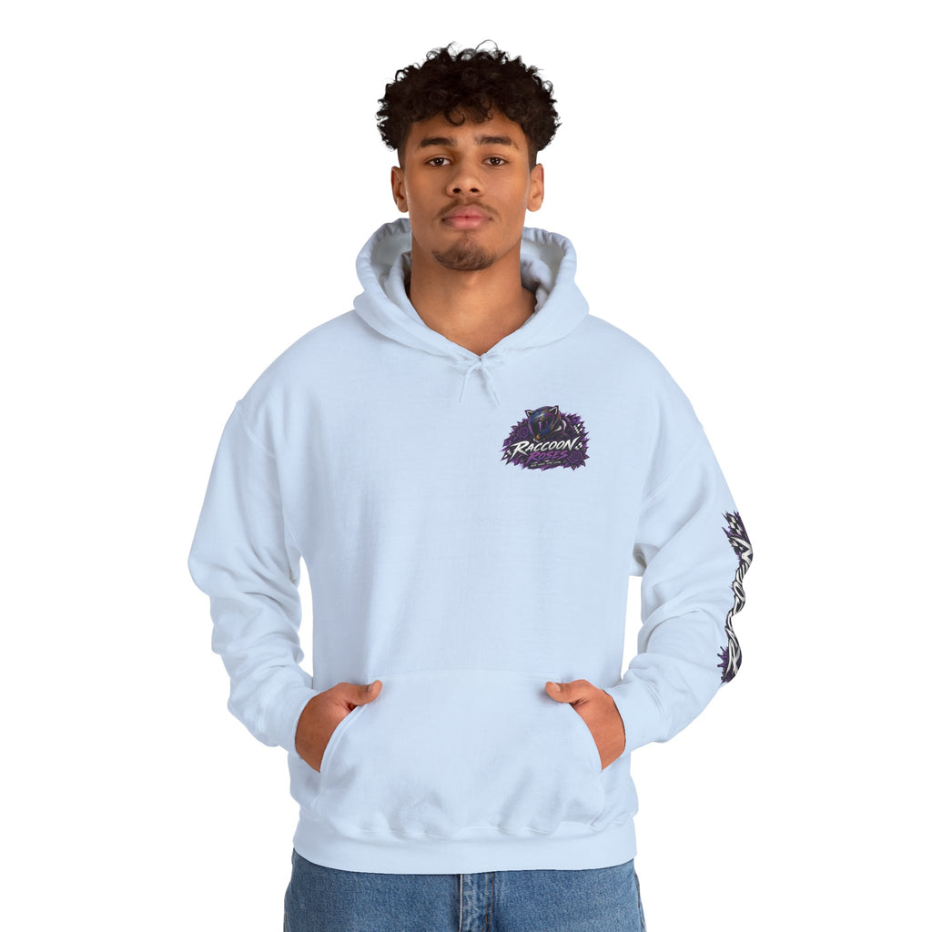 Raccoon Roadsters Motorcycle Graphic Hoodie — Retro Purple Rider Sweatshirt