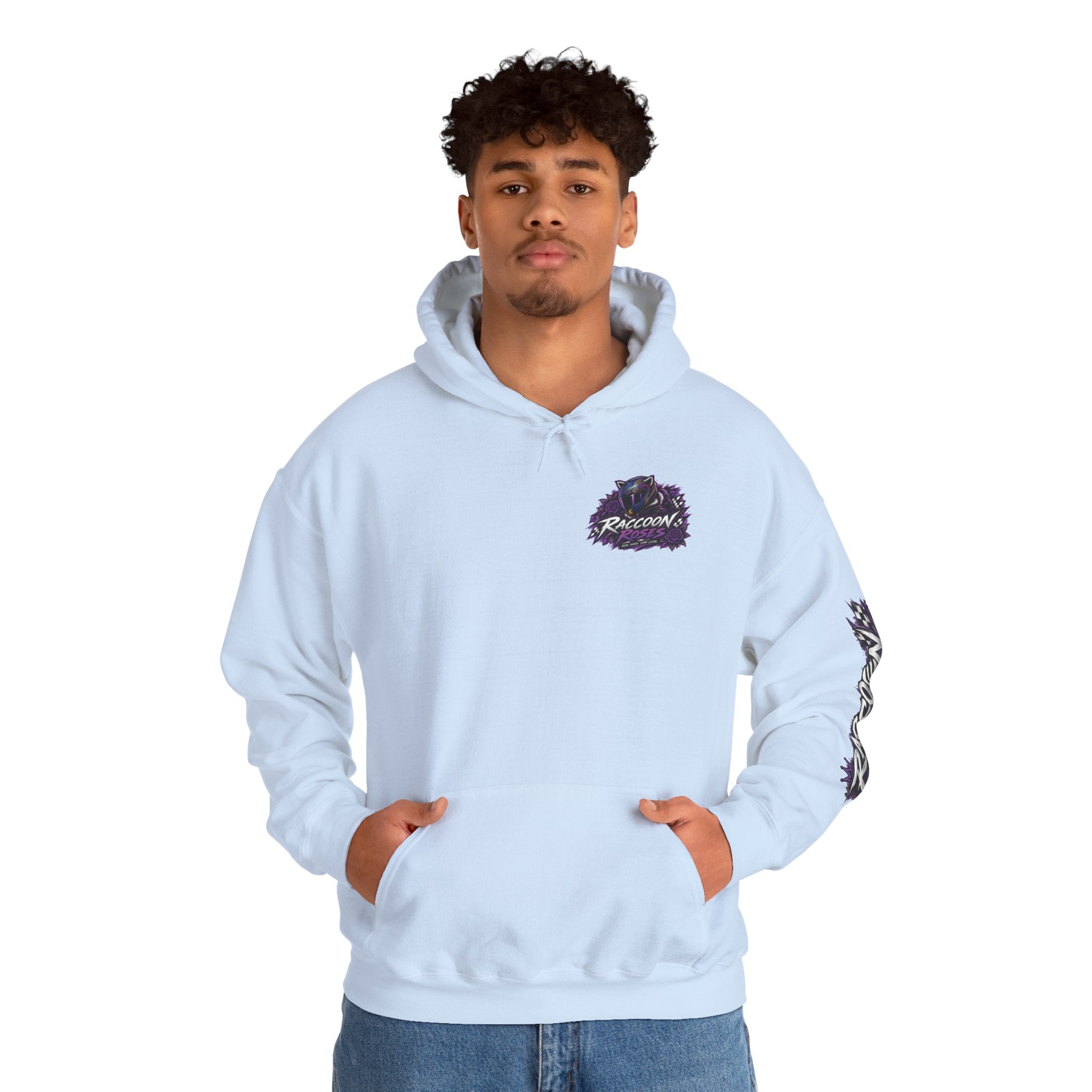 Raccoon Roadsters Motorcycle Graphic Hoodie — Retro Purple Rider Sweatshirt