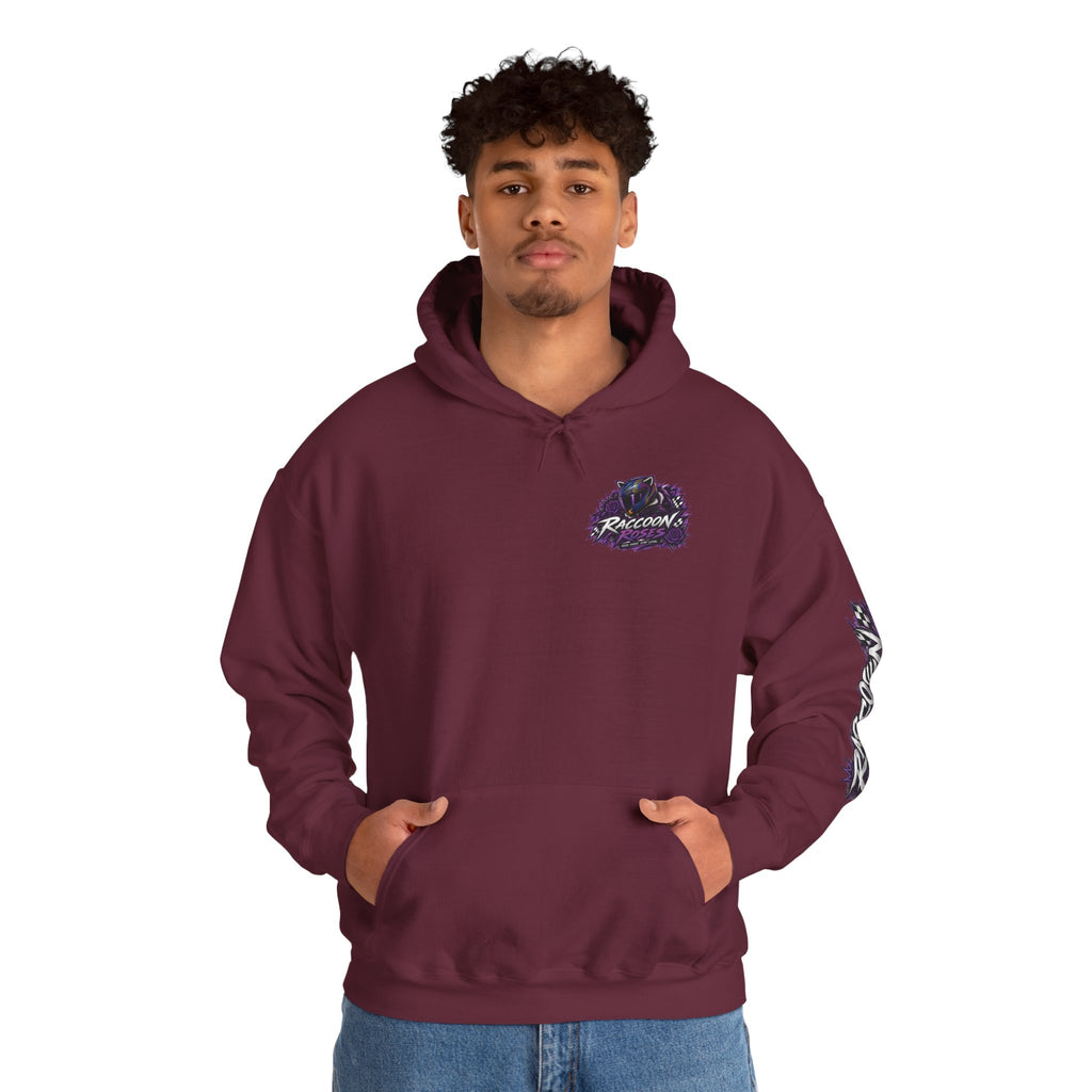 Raccoon Roadsters Motorcycle Graphic Hoodie — Retro Purple Rider Sweatshirt