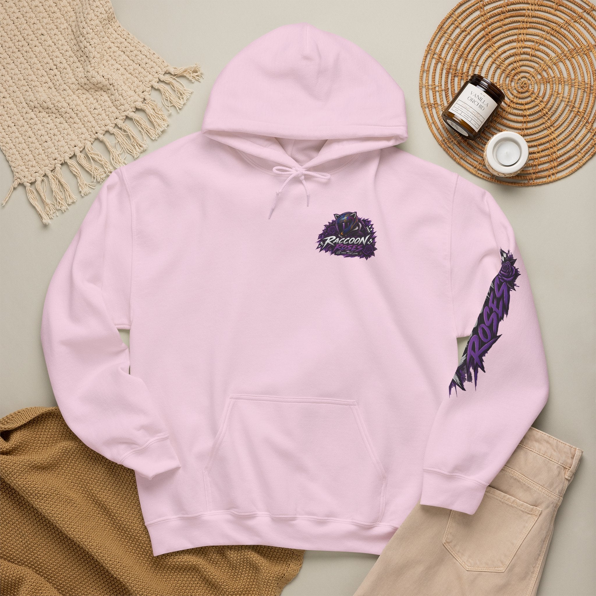 Raccoon Roadsters Motorcycle Graphic Hoodie — Retro Purple Rider Sweatshirt