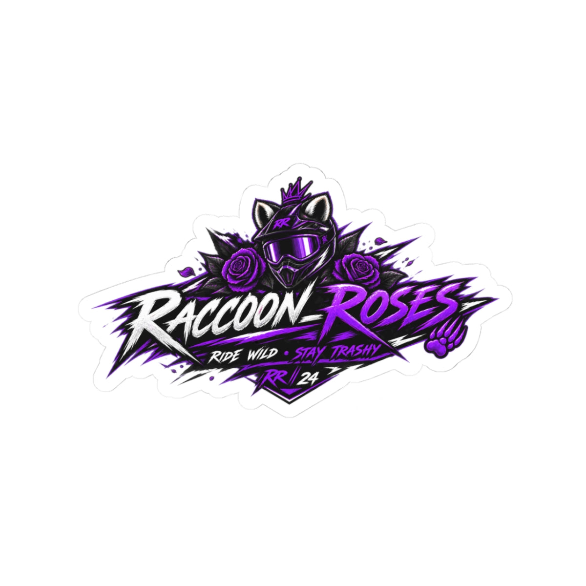 Raccoon Roses Kiss-Cut Sticker — Purple Racer Logo Sticker for Laptops, Skateboards & Helmets