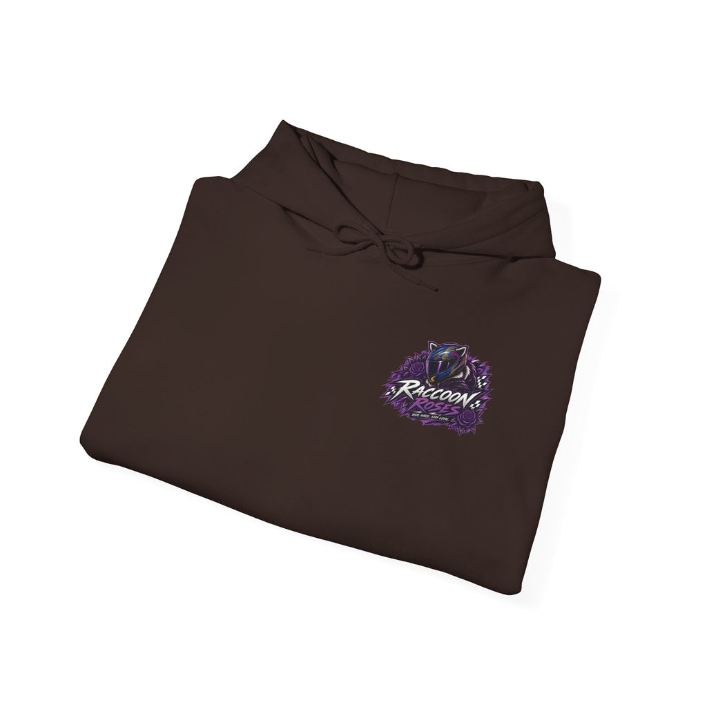 Raccoon Roadsters Motorcycle Graphic Hoodie — Retro Purple Rider Sweatshirt
