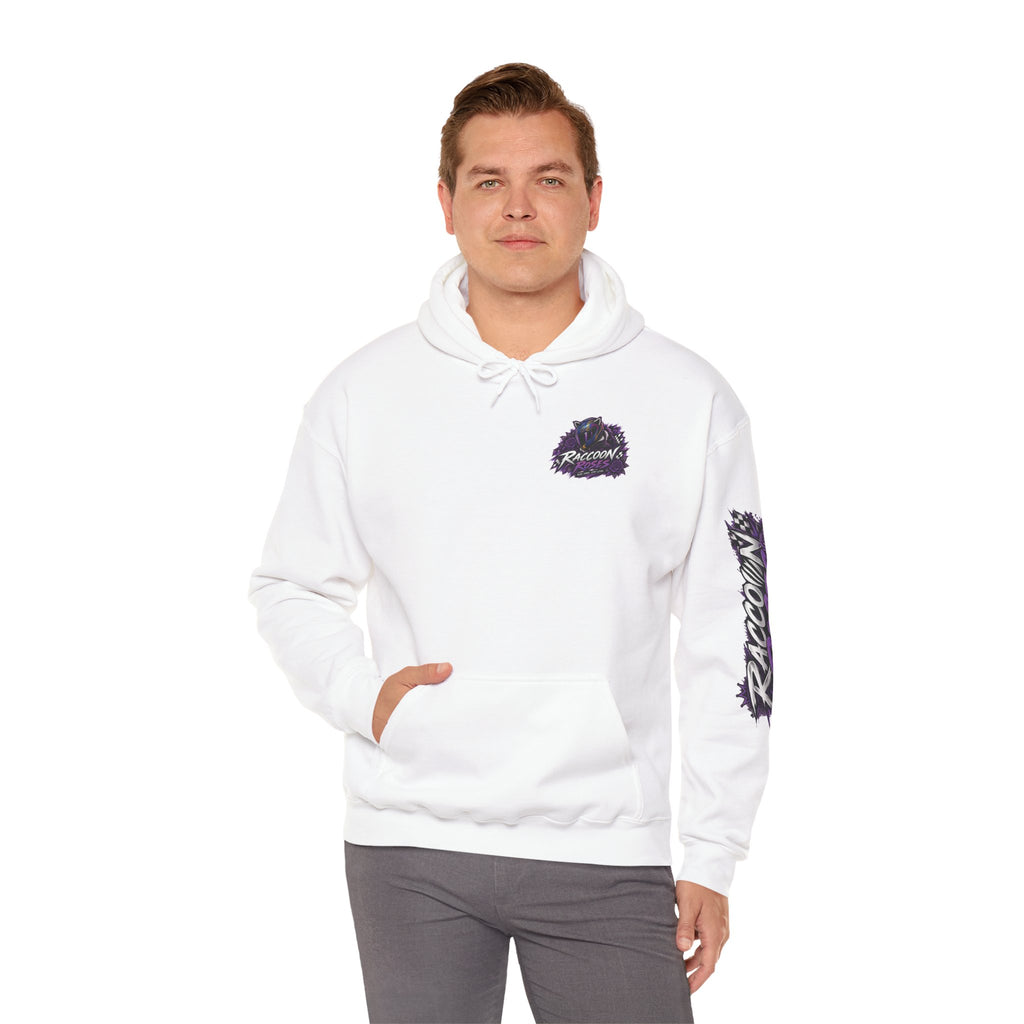 Raccoon Roadsters Motorcycle Graphic Hoodie — Retro Purple Rider Sweatshirt