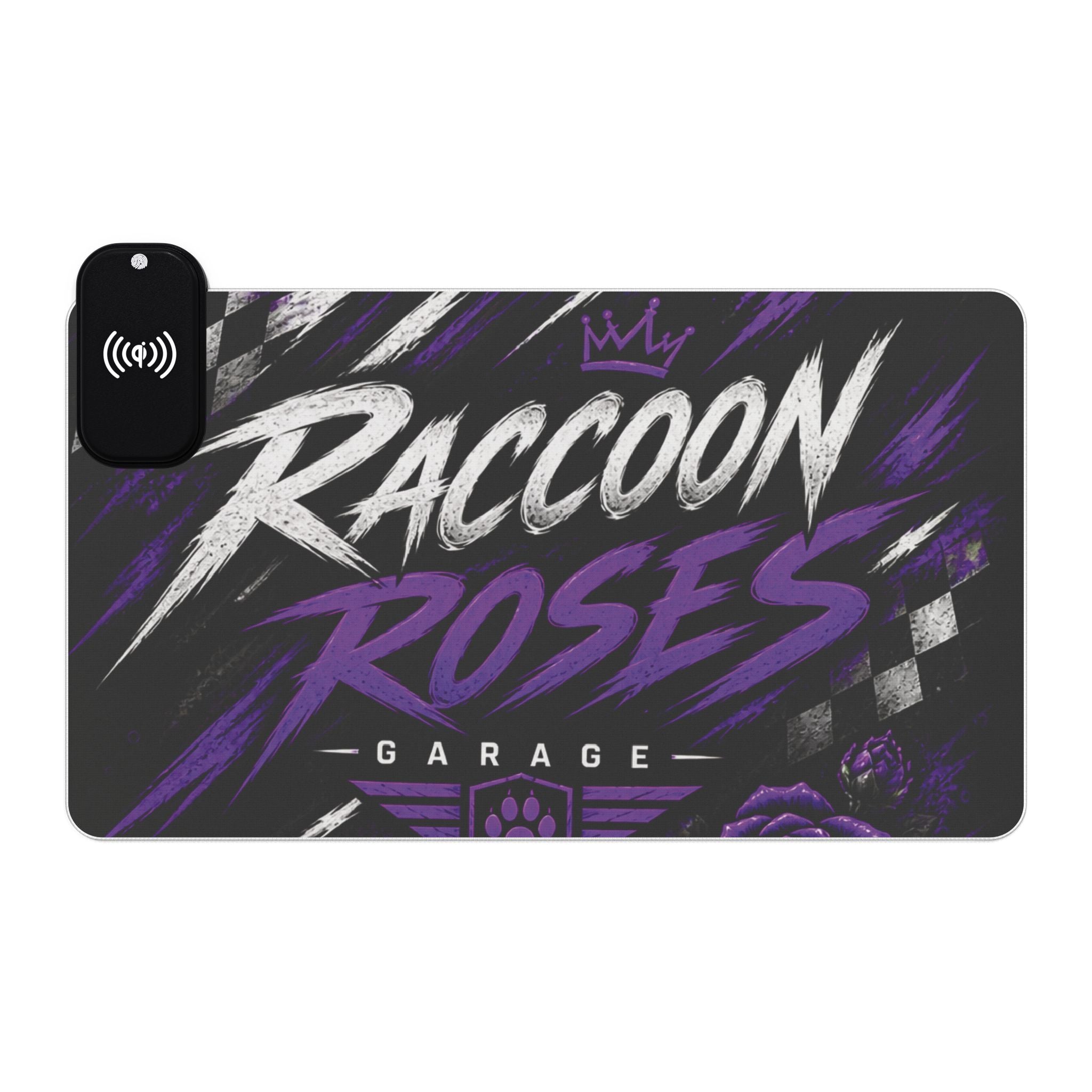 LED Gaming Mouse Pad with Wireless Charger — "Raccoon Roses" RGB Desk Mat